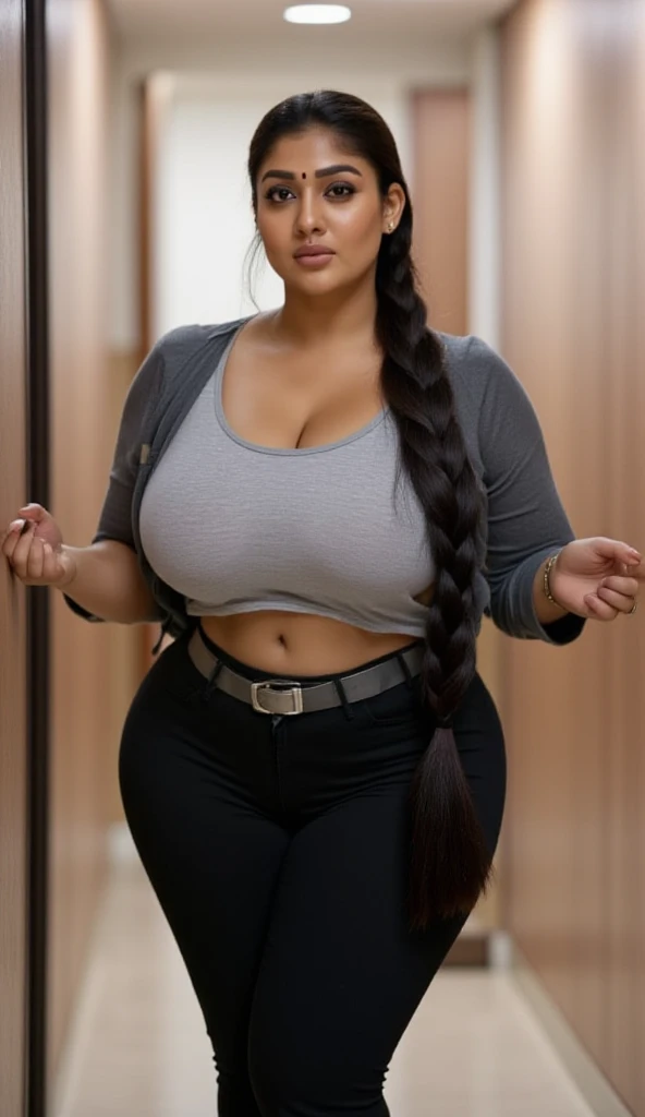 Latina woman, long black hair with purple highlights, tan-bronze skin, plus size milf body, chubby figure, chubby face, attractive face, mascara, purple lips, purple mascara, purple eyeshadow, beautifully detailed eyes, carefree smile, confident expression, she very amused, hands on hips, looking from behind, (wearing black tank-top, shiny purple leggings and golden bracelets), wide hips, large thighs, beautiful thick female, thick thighs, she has a jiggly fat round belly, she has a wide load butt, standing in the streets of Miami, back shot, best quality, cinematic lighting, detailed background, soft volumetric lights, intricate details,
