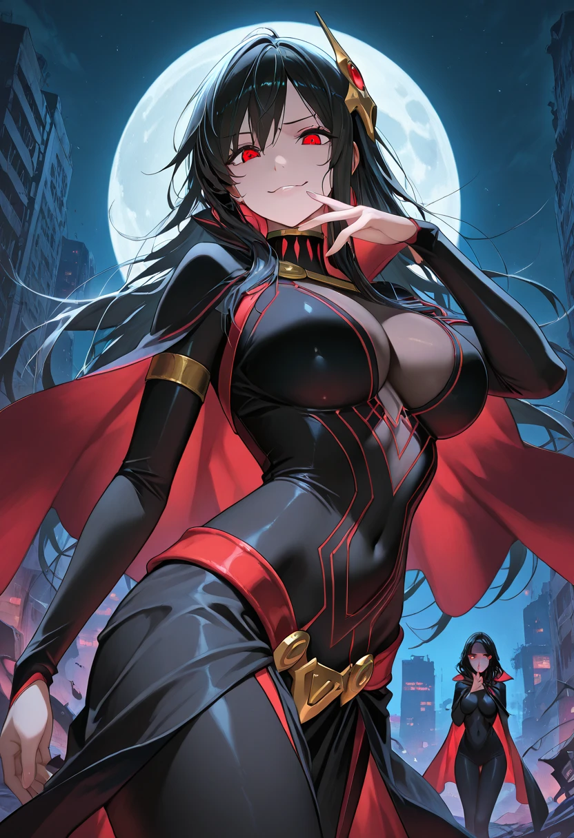 black hair, extremely long hair, yellow eyes, pale skin, muscular, large breasts, thick thighs, angry, black dragon, 1 girl, dark atmosphere, full moon
