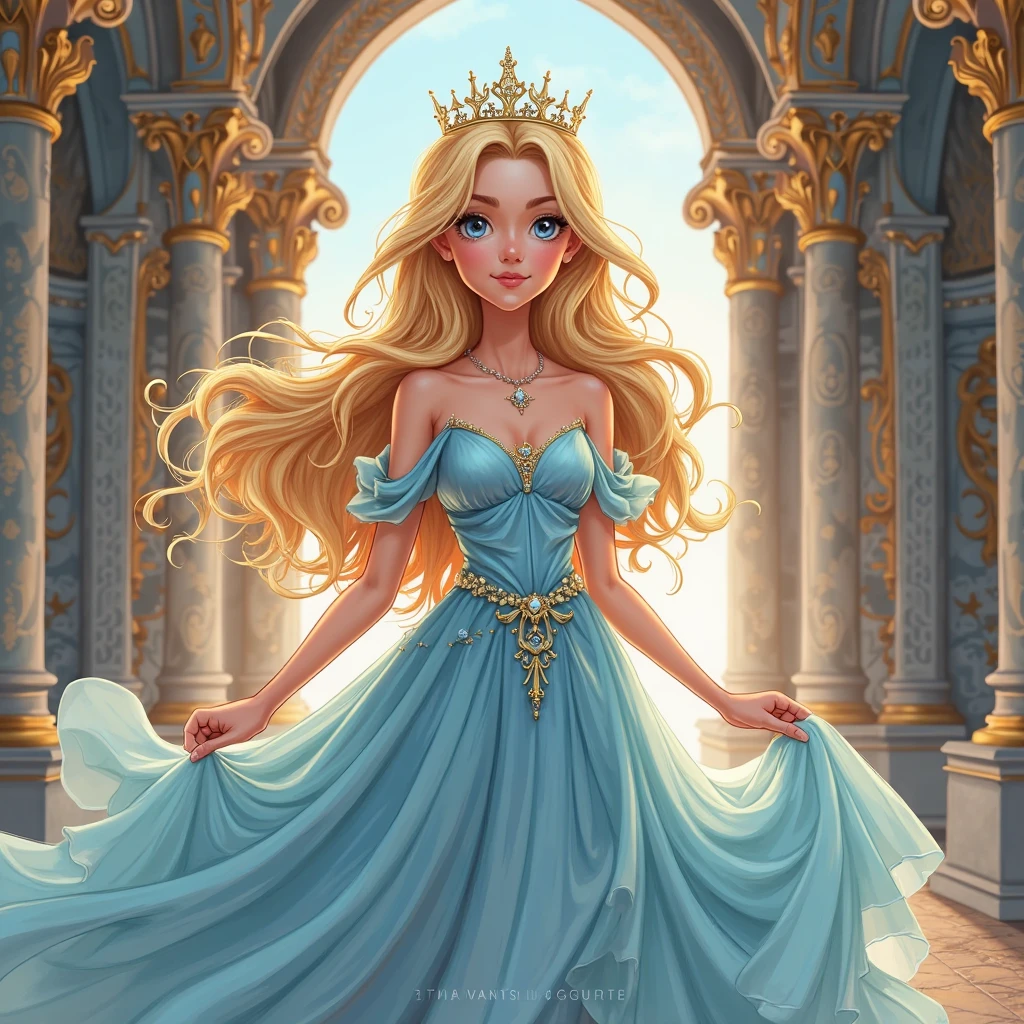 A stunningly beautiful blonde blue-eyed Cinderella in a stately and elaborate ballgown with Huge padded and puffed sleeves