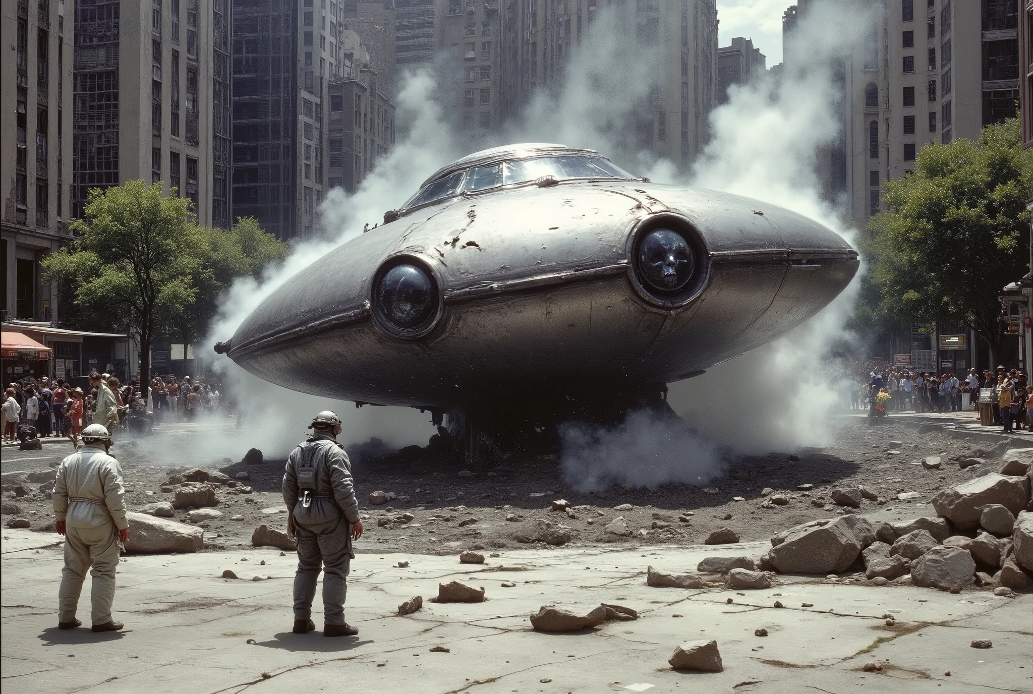 {{A ((realistic and dramatic)) depiction of {a huge crashed UFO in an urban setting}} with {a mysterious metallic spacecraft embedded in the ground, emitting smoke and steam from its impact site}. This is an image inspired by {((science fiction concept art))} depicting {an alien arrival or crash}. The setting/background should be {((an outdoor public space with modern buildings, trees, and a curious crowd in the distance))} to create an {((intriguing and cinematic atmosphere))}. The image should be in the style of a {((highly detailed photograph with a touch of surrealism))}, incorporating elements of {((classic UFO mythology, 1950s science fiction aesthetics, and modern urban realism))}. The {((medium shot))}, captured with a {((35mm wide-angle lens))}, will provide a {((sharp and immersive perspective))}. Lighting should be {((natural light with soft shadows))}, emphasizing the {((metallic reflections on the spacecraft's hull and the diffusion of smoke in the air))}. The desired level of detail is {((ultra-high))} with an {((8K resolution))}, highlighting {((the intricate alien design of the spacecraft, the texture of the ground, and the protective gear of the researcher spraying the scene))}. The goal is to create a {((visually striking and thought-provoking))} image that captivates viewers with its {((blend of realism and sci-fi mystery))}.