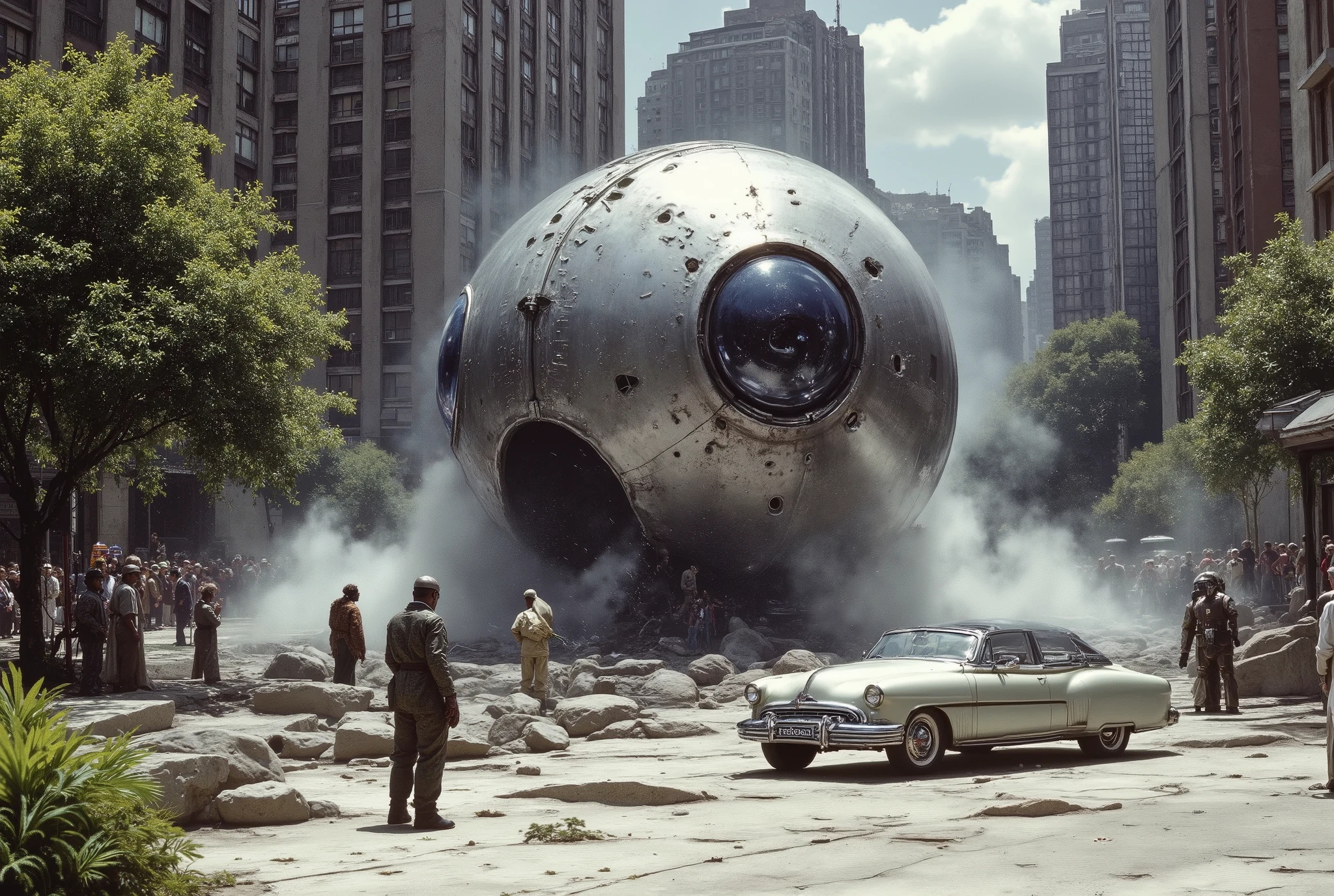 {{A ((realistic and dramatic)) depiction of {a huge crashed UFO in an urban setting}} with {a mysterious metallic spacecraft embedded in the ground, emitting smoke and steam from its impact site}. This is an image inspired by {((science fiction concept art))} depicting {an alien arrival or crash}. The setting/background should be {((an outdoor public space with modern buildings, trees, and a curious crowd in the distance))} to create an {((intriguing and cinematic atmosphere))}. The image should be in the style of a {((highly detailed photograph with a touch of surrealism))}, incorporating elements of {((classic UFO mythology, 1950s science fiction aesthetics, and modern urban realism))}. The {((medium shot))}, captured with a {((35mm wide-angle lens))}, will provide a {((sharp and immersive perspective))}. Lighting should be {((natural light with soft shadows))}, emphasizing the {((metallic reflections on the spacecraft's hull and the diffusion of smoke in the air))}. The desired level of detail is {((ultra-high))} with an {((8K resolution))}, highlighting {((the intricate alien design of the spacecraft, the texture of the ground, and the protective gear of the researcher spraying the scene))}. The goal is to create a {((visually striking and thought-provoking))} image that captivates viewers with its {((blend of realism and sci-fi mystery))}.