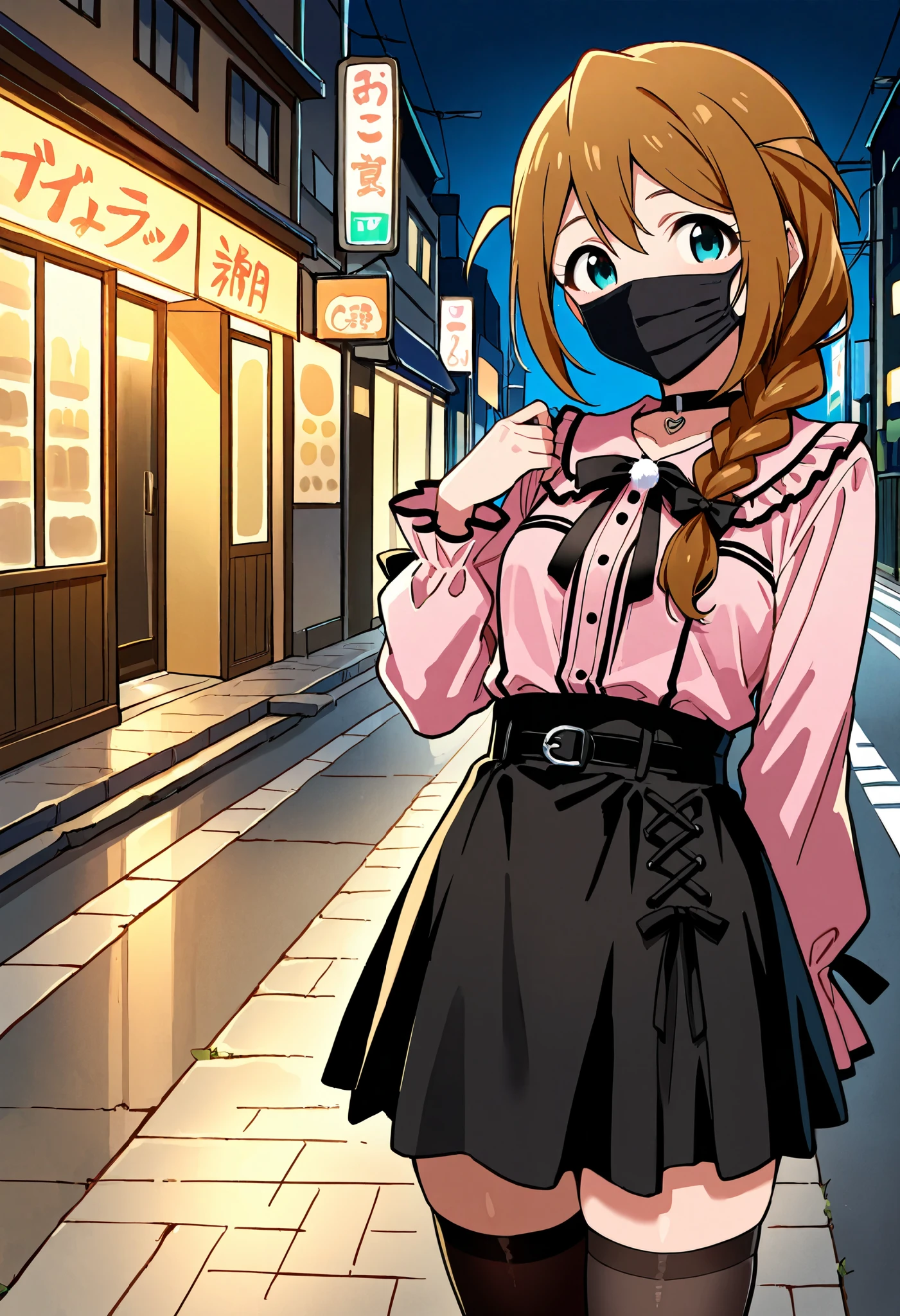 Score_9, score_8_up, score_7_up, source_anime, baba konomi, solo, single braid, brown hair, aqua eyes, hair over shoulder, small breasts, (best quality), (high quality), {masterpiece}, extremely delicate and beautiful, ultra-detailed, beautiful detailed eyes, jirai kei, pink shirt, black skirt, black choker, black thighhighs, shibuya, street, night, ((black mask, mouth mask, covered nose)), standing