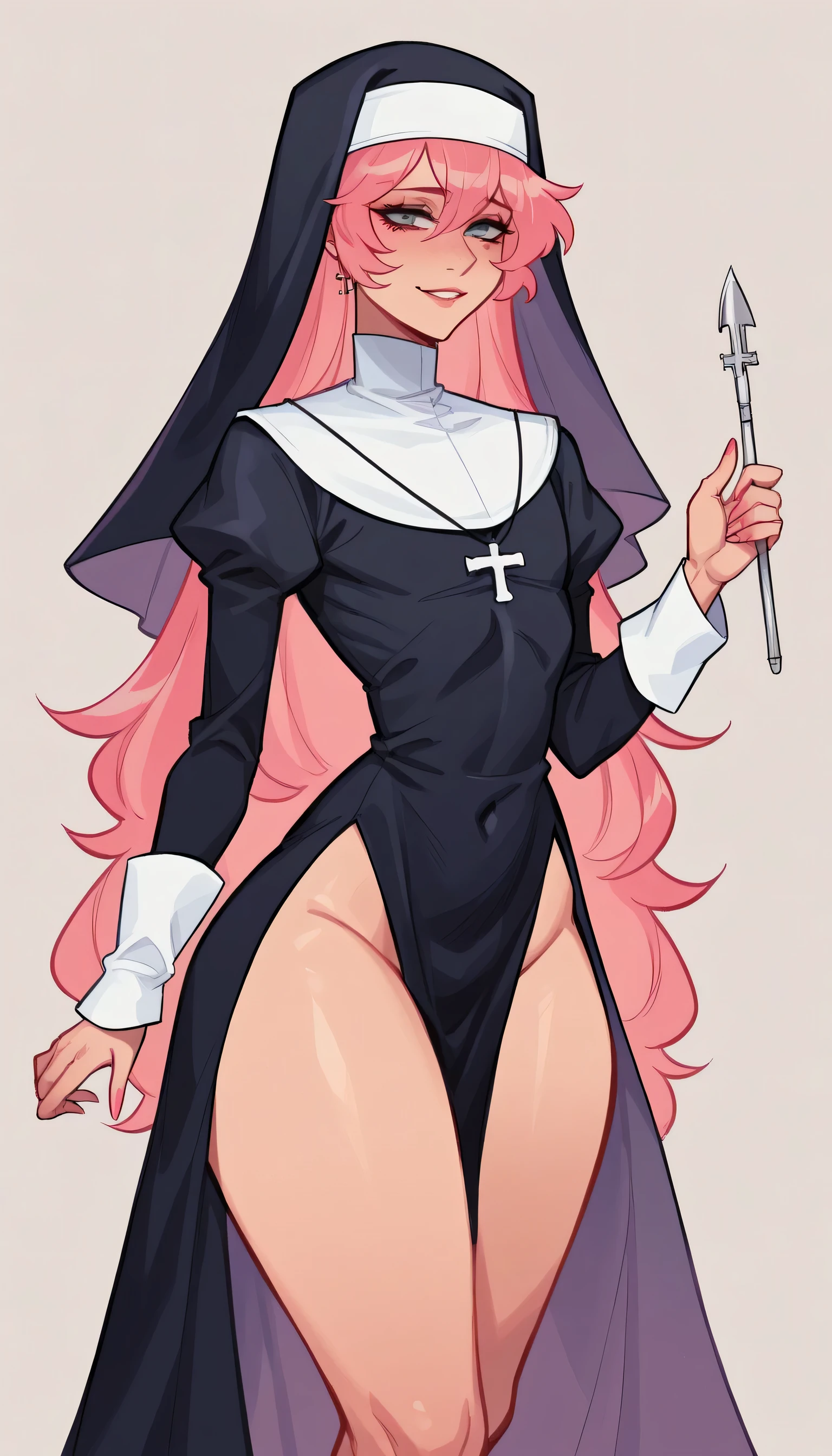 better quality, very detailed illustration girl, long ruffled voluminous bouncy hair , playful look, delgado, ideal body, thin waist , wide hips, simple drawing, Artifyber style , pastel flat colors , nun outfit, sexy, close up, femboy