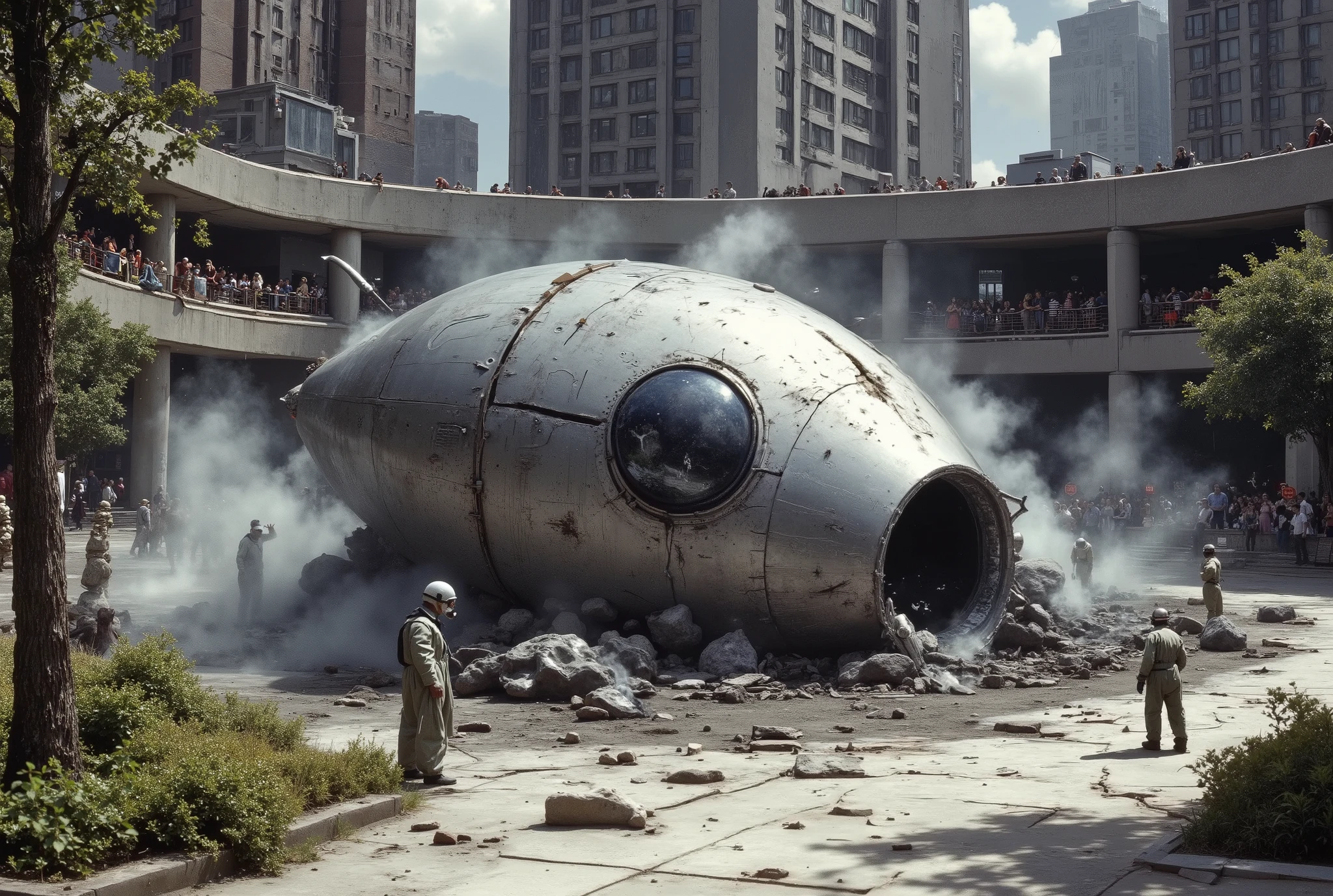 {{A ((realistic and dramatic)) depiction of {a huge crashed UFO in an urban setting}} with {a mysterious metallic spacecraft embedded in the ground, emitting smoke and steam from its impact site}. This is an image inspired by {((science fiction concept art))} depicting {an alien arrival or crash}. The setting/background should be {((an outdoor public space with modern buildings, trees, and a curious crowd in the distance))} to create an {((intriguing and cinematic atmosphere))}. The image should be in the style of a {((highly detailed photograph with a touch of surrealism))}, incorporating elements of {((classic UFO mythology, 1950s science fiction aesthetics, and modern urban realism))}. The {((medium shot))}, captured with a {((35mm wide-angle lens))}, will provide a {((sharp and immersive perspective))}. Lighting should be {((natural light with soft shadows))}, emphasizing the {((metallic reflections on the spacecraft's hull and the diffusion of smoke in the air))}. The desired level of detail is {((ultra-high))} with an {((8K resolution))}, highlighting {((the intricate alien design of the spacecraft, the texture of the ground, and the protective gear of the researcher spraying the scene))}. The goal is to create a {((visually striking and thought-provoking))} image that captivates viewers with its {((blend of realism and sci-fi mystery))}.