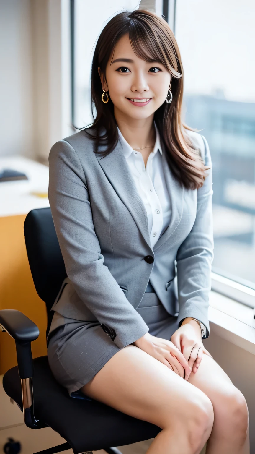 (Japanese office lady, 25 year old japanese woman:1.2), one woman, Extremely Beautiful Women, chair, ( gray business suit, black business suit, suit skirt:1.3), natural makeup, Beautiful Legs, simple earrings, At the company office, office with desk and chair, Office with Large Window