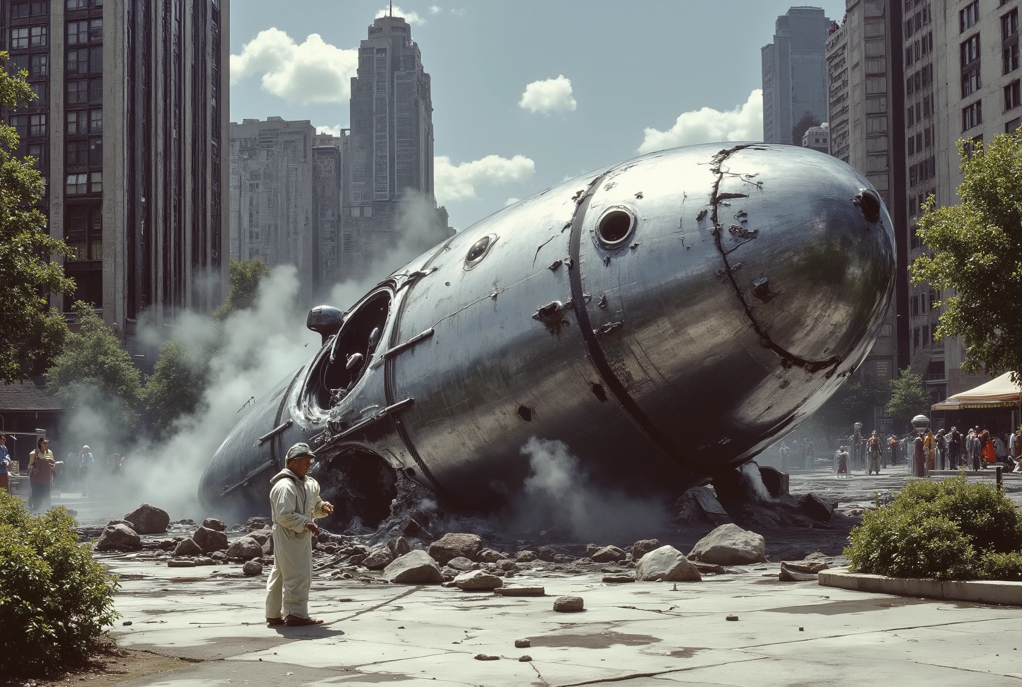 {{A ((realistic and dramatic)) depiction of {a huge crashed UFO in an urban setting}} with {a mysterious metallic spacecraft embedded in the ground, emitting smoke and steam from its impact site}. This is an image inspired by {((science fiction concept art))} depicting {an alien arrival or crash}. The setting/background should be {((an outdoor public space with modern buildings, trees, and a curious crowd in the distance))} to create an {((intriguing and cinematic atmosphere))}. The image should be in the style of a {((highly detailed photograph with a touch of surrealism))}, incorporating elements of {((classic UFO mythology, 1950s science fiction aesthetics, and modern urban realism))}. The {((medium shot))}, captured with a {((35mm wide-angle lens))}, will provide a {((sharp and immersive perspective))}. Lighting should be {((natural light with soft shadows))}, emphasizing the {((metallic reflections on the spacecraft's hull and the diffusion of smoke in the air))}. The desired level of detail is {((ultra-high))} with an {((8K resolution))}, highlighting {((the intricate alien design of the spacecraft, the texture of the ground, and the protective gear of the researcher spraying the scene))}. The goal is to create a {((visually striking and thought-provoking))} image that captivates viewers with its {((blend of realism and sci-fi mystery))}.