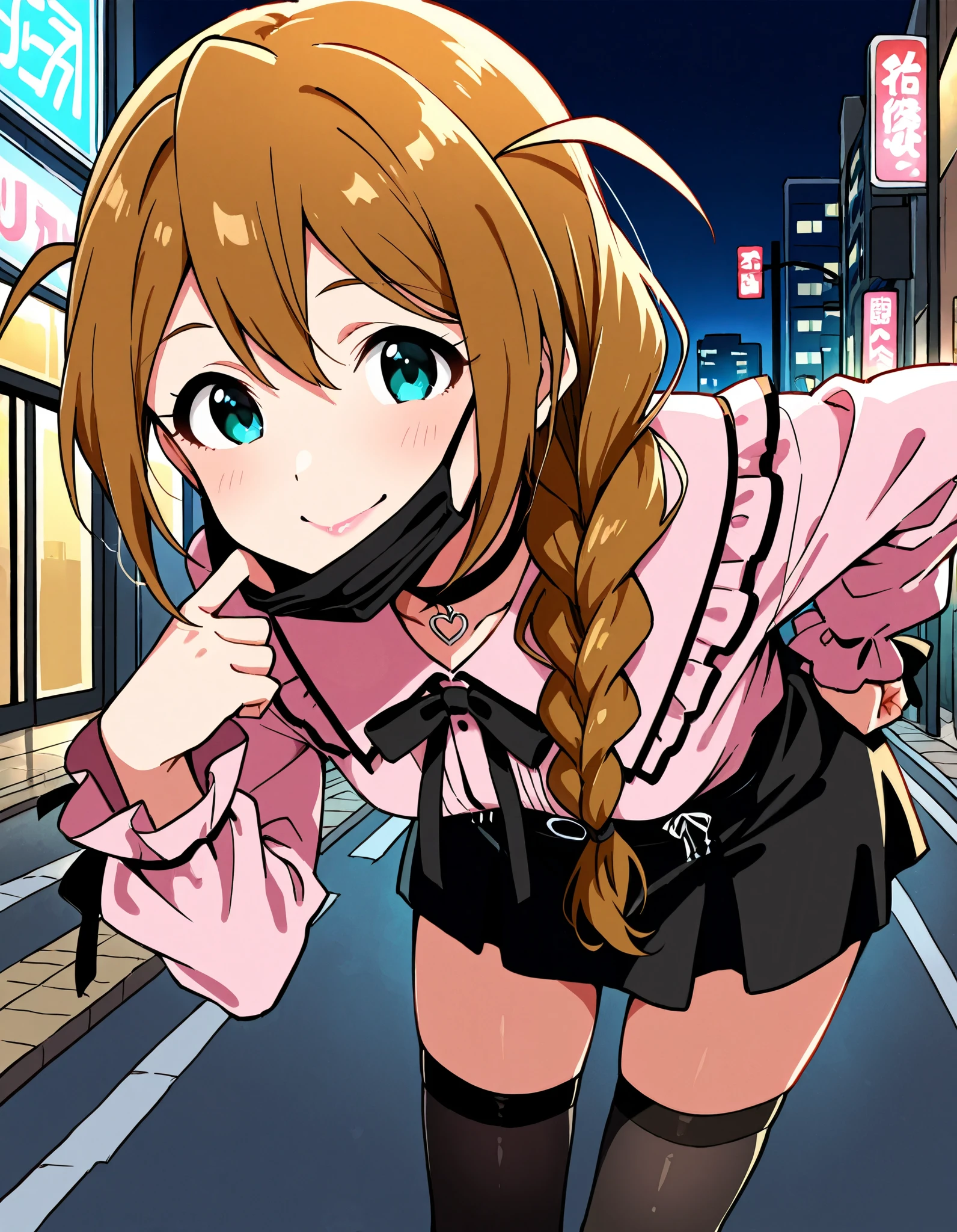 Score_9, score_8_up, score_7_up, source_anime, baba konomi, solo, single braid, brown hair, aqua eyes, hair over shoulder, small breasts, (best quality), (high quality), {masterpiece}, extremely delicate and beautiful, ultra-detailed, beautiful detailed eyes, jirai kei, pink shirt, black skirt, black choker, black thighhighs, shibuya, street, night, black mask, mask pull, pink lips, smile, closed mouth, leaning forward