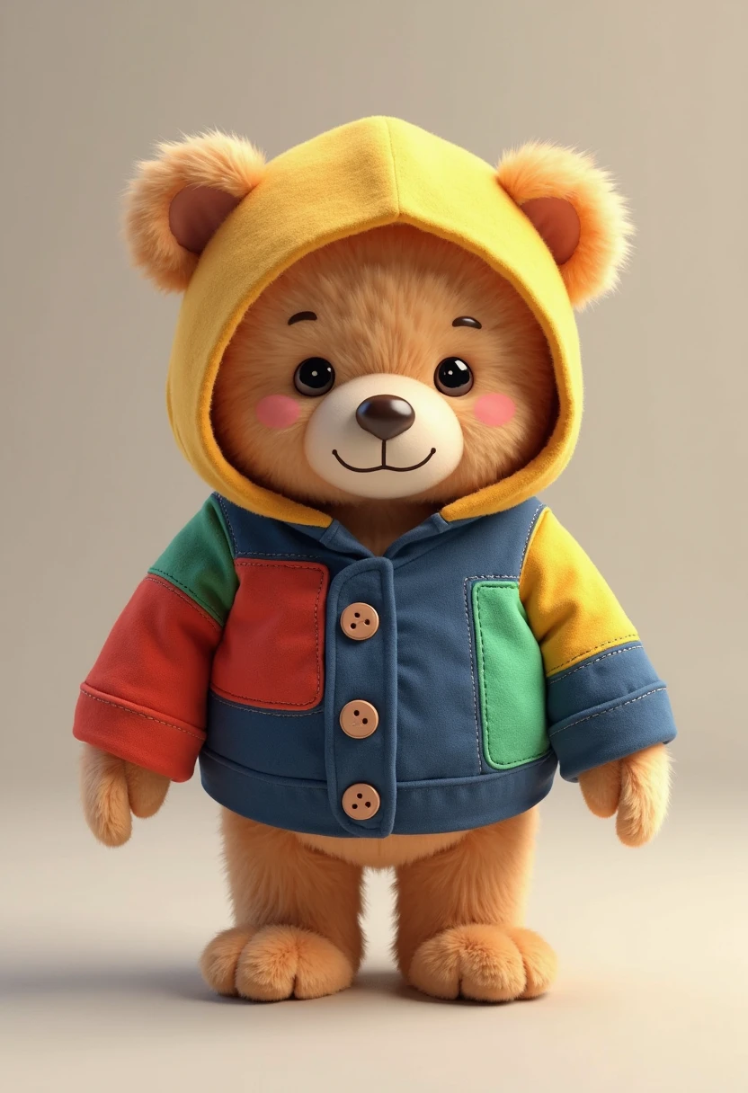 Teddy bear dressed in a blue jacket and a cap