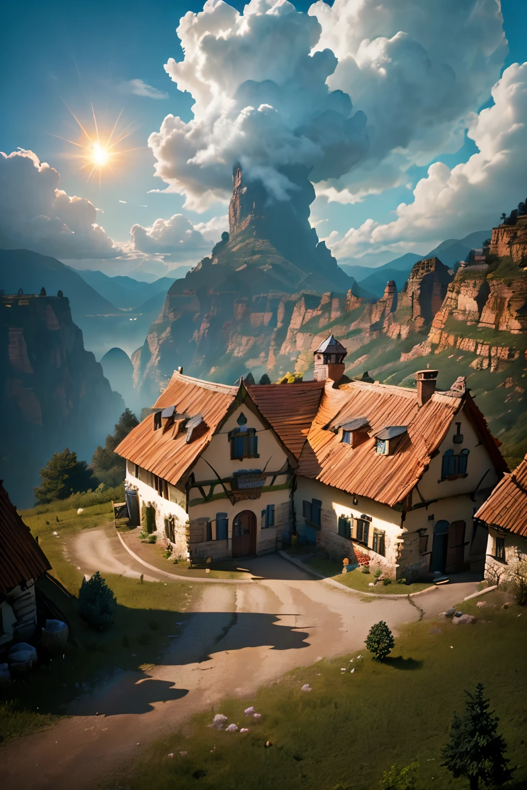 ((is an old town in the middle of the mountains, Plants in the Sky, Cloud Sun , realistic:1.3)),( high quality DVD, hyperreal, 8k, Vulgar photos, top quality, obra maestra, epic lighting. Nearby, Imagen Centada)