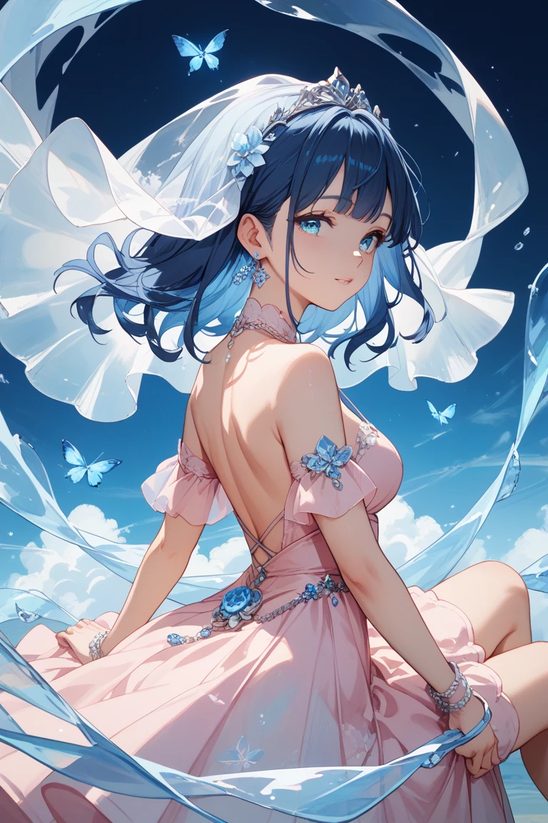 1 girl, transparent water, blue butterfly, sheer white chiffon skirt, sparkling is rn bracier and moaning