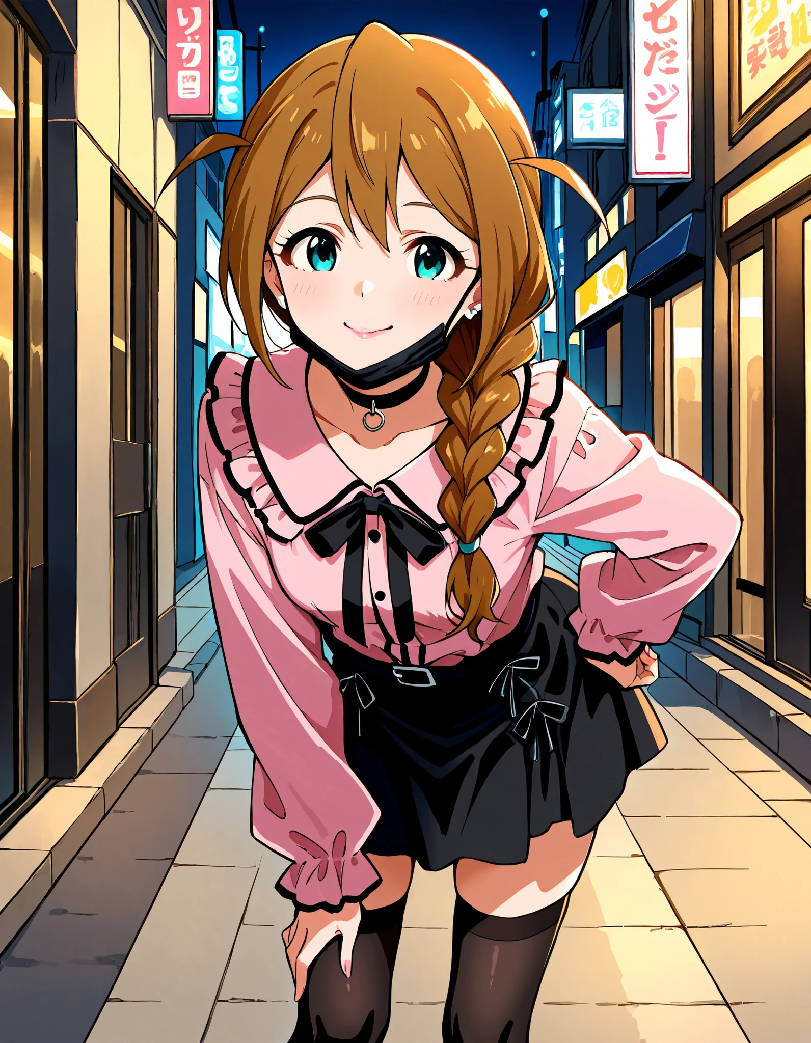 Score_9, score_8_up, score_7_up, source_anime, baba konomi, solo, single braid, brown hair, aqua eyes, hair over shoulder, small breasts, (best quality), (high quality), {masterpiece}, extremely delicate and beautiful, ultra-detailed, beautiful detailed eyes, jirai kei, pink shirt, black skirt, black choker, black thighhighs, shibuya, street, night, black mask, mask pull, pink lips, smile, closed mouth, leaning forward
