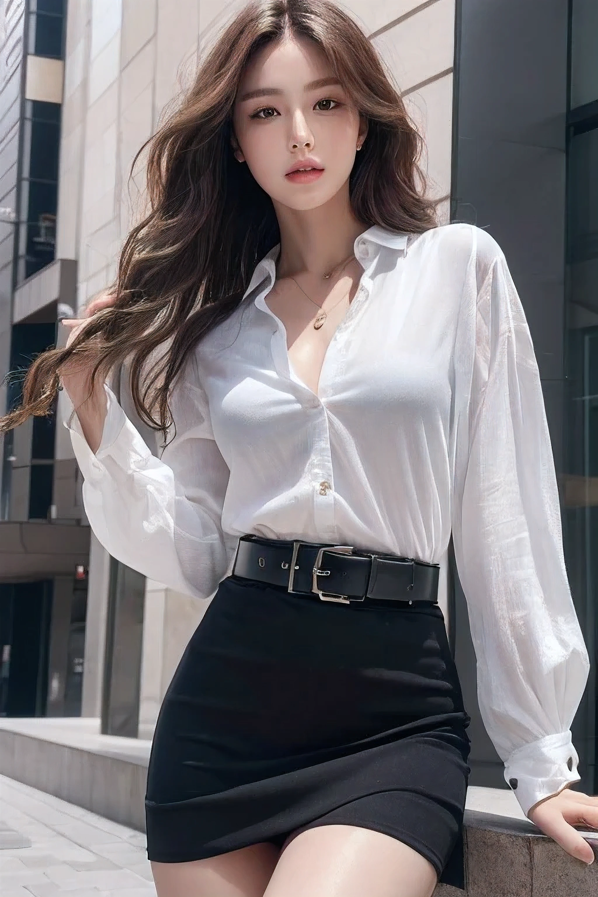 (best qualtiy,A high resolution,tmasterpiece:1.3),A tall and beautiful woman,Slender abs,Dark brown hair in loose wavy styling,nedium breasts,Wear a pendant,white button-down blouse,obi strip,a black skirt,(Trees with your back against the wall),Beautifully rendered details in face and skin textures,Detailed eyes,二重まぶた