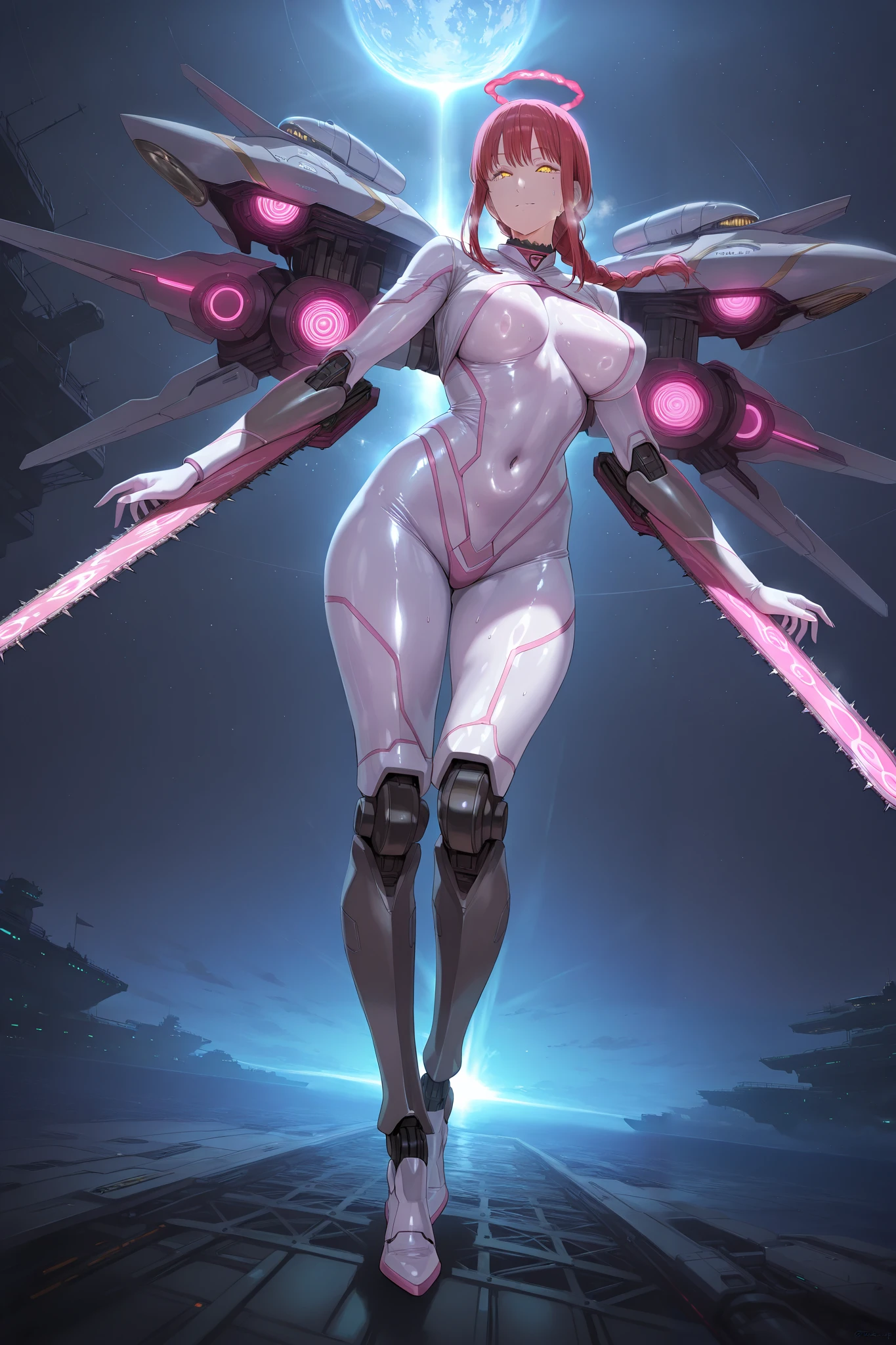 Score_9, Score_8_up, Score_7_up, Score_6_up, Score_5_up, Score_4_up, tag1, tag2, Quality_masterpiece, Anatomically correct, Ultra-detailed illustrations、Ultra-precise expression、masterpiece、ultra High resolution、Hiromitsu Takeda Style、Detailed and complex background、full body, 1 woman, Makima (chainsaw man), red hair, braided_ponytail, yellow eyes, Mole under eye, pink heart pupils, mole under eye, Mechanical tops, Robotic arms, navel, Modest abdominal muscles, mechanical legs, White Breath、Sweat、Glowing Skin、shiny skin、Side angle、spaceship , futuristic , scenery ,Somewhere out there on the planet, a spaceship is falling in the background, Spaceships are crashing
