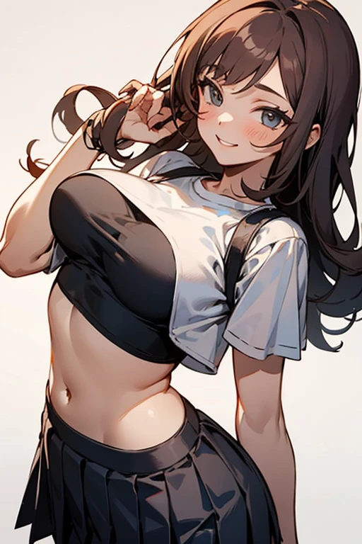 score_9, score_8_up, score_7_up, rating_safe, rating:general, 1girl, solo, black hair, long hair, parted bangs, smile, simple background, microbikini, white shirt, pleated skirt, miniskirt, cowboy shot