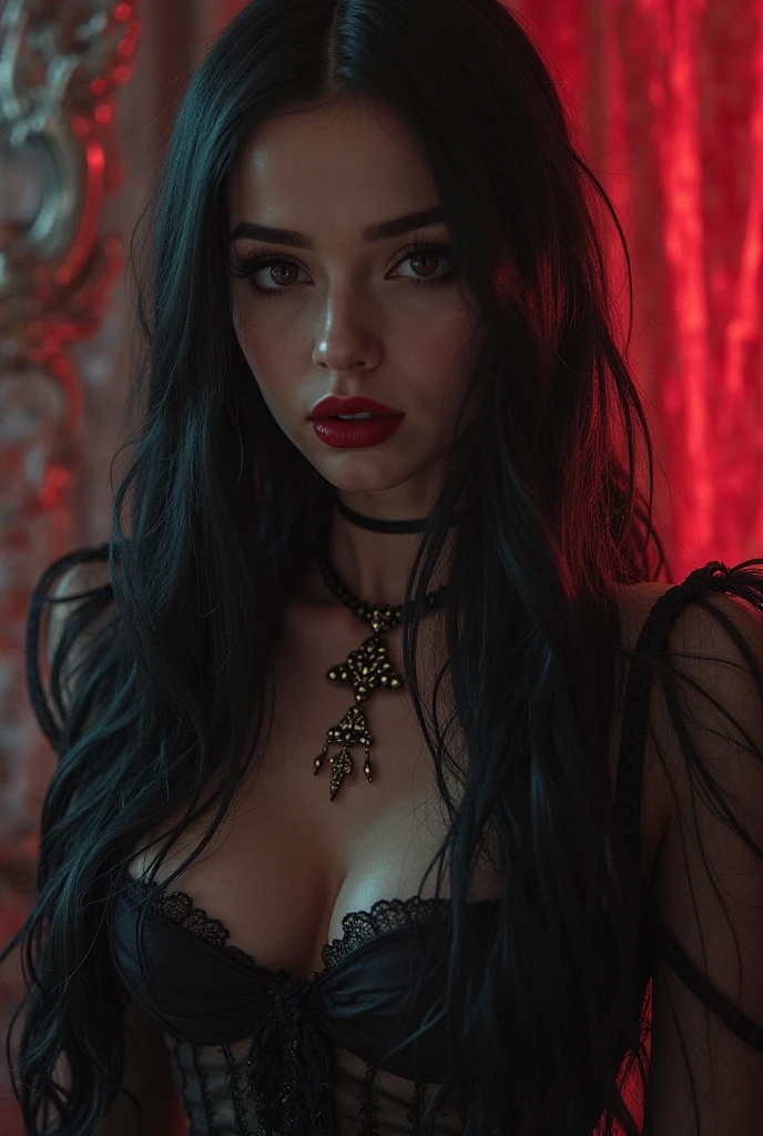 Albanian, girl, long brown hair, blue eyes, Character: Beautiful brunette goth girl, Description: Silky black dress, black spiky choker, Setting: Egyptian Goddess, Mood/Emotion: Cheery yet very pale, Detail: Black lipstick, Atmosphere: Bright lights, Emotion: Happiness, Panoramic view