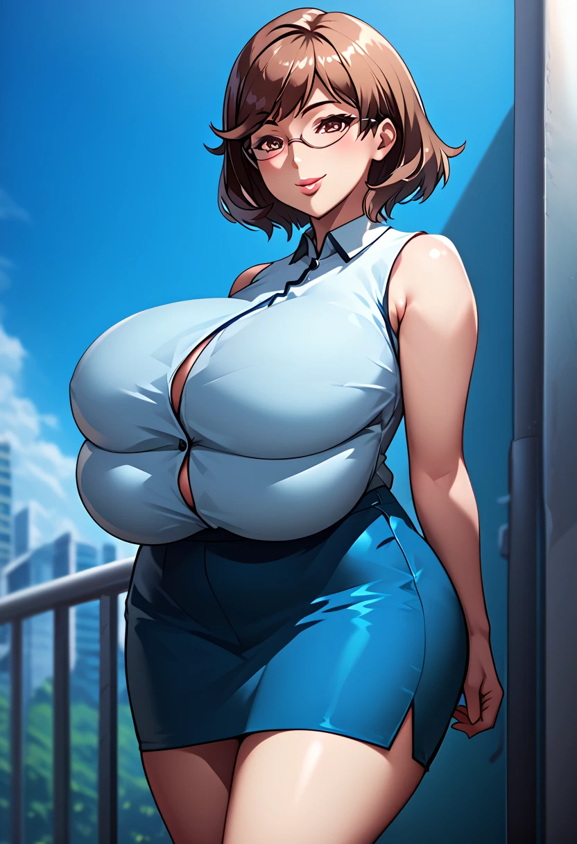 Shizune, 1girl, ((bimbo))), short black hair, glasses, puffy lips, painted lips, thick lips, wide hips, thick thighs, huge ass, bimbo face , enormous huge natural breasts, cleavage, dungarees, hanging breasts, ahegao face