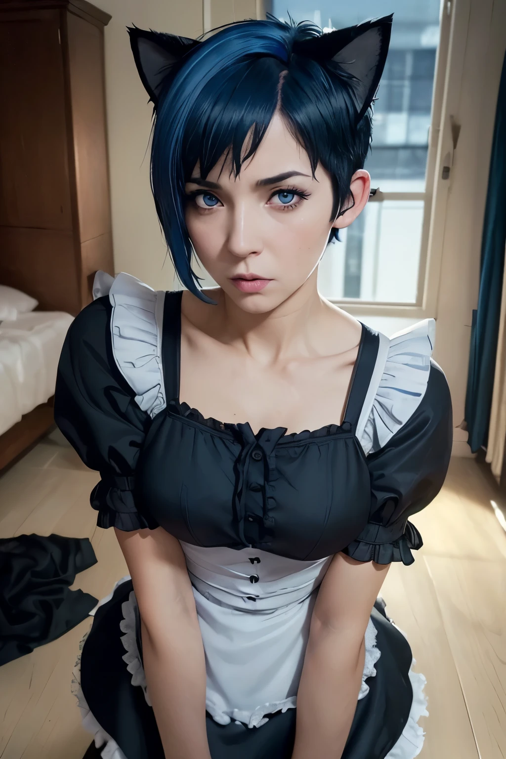 Masterpiece, best quality. (hyper-realistic:1.4) , (full body:1.5),

Rem from rezero, (remrin), cute, lustrous skin, enchanting gaze, blue hair, short hair, (hair over one eye:1.3), blue eyes, NSFW, (NAKED BREASTS:1.5), roswaal mansion maid uniform, black skirt, garter belt, intricate lace, apron, white thighhighs, looking at viewer, strongly ashamed, embarrased, blushing, epic, cinematic, dramatic, reflective, shining, purple glow, big breasts, cleavage, sexy, modeling pose, turned, ((undressing
panty pull:1.5))

smooth perfect skin, smooth_skin

Beautiful、big breasts, 

FULL BODY SHOT, ultra wide angle, textured skin, face detail, clean skin, perfect hands, perfect anatomy, anatomically correct,

(Realistic bedroom background:1.2)