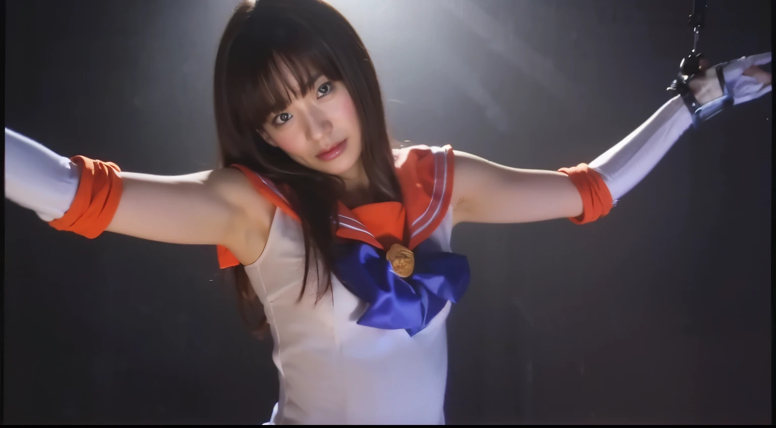 (8k、RAW Photos、Highest quality、masterpiece:1.2)、(Realistic、Realistic)、1 girl、((Sailor Moon Costume:1.3)、Large Breasts,Stand in a seductive pose、Shooting from below))、Lots of eyelashes、Glowing eyelids、(((skeletally correct)))、smile、This photo will awaken boys to sex.、(((Always wear panties)))、(((Close-up shot)))