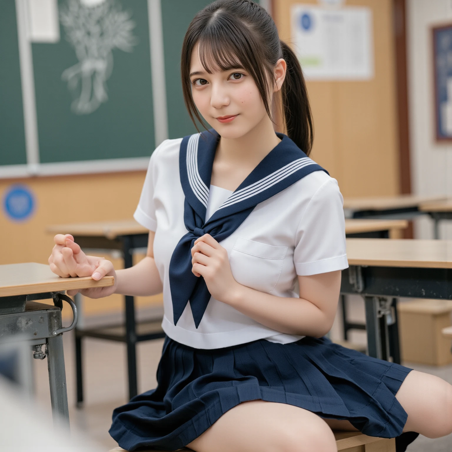 (8k, RAW photo, best quality, masterpiece:1.2), (realistic, photo-realistic:1.4), ultra-detailed, perfect anatomy, perfect limbs, perfect hand, Full Shot, Full-Body Shot,
BREAK, ((One woman)), (40-year-old), Height 150 cm, black hair, long hair, dark brown eyes, Exuberant smile, makeup, Looking at this, slender body, School classroom, BREAK, school uniform, sailor suit, Navy blue super micro mini skirt、