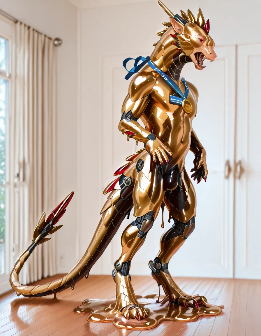 Hd, masterpiece, best quality, (adult human man transforming into synthetic dragon droid as his body is encased in metallic goo slime:1.7), (partial transformation), (photorealistic raw high resolution photograph, award winning photography:2), (real life photo:2), (human red gold mechanical dragon hybrid inside factory reservoir:2), (dripping liquid metal goo encasement:1.5), (standing in metallic liquid goo slime pool inside nanotech lab liquid metal storage reservoir:1.7), (part human:1.8), (bipedal to quadrupedal feralization:1.25), (inside of a futuristic nanotech factory:3.5)
