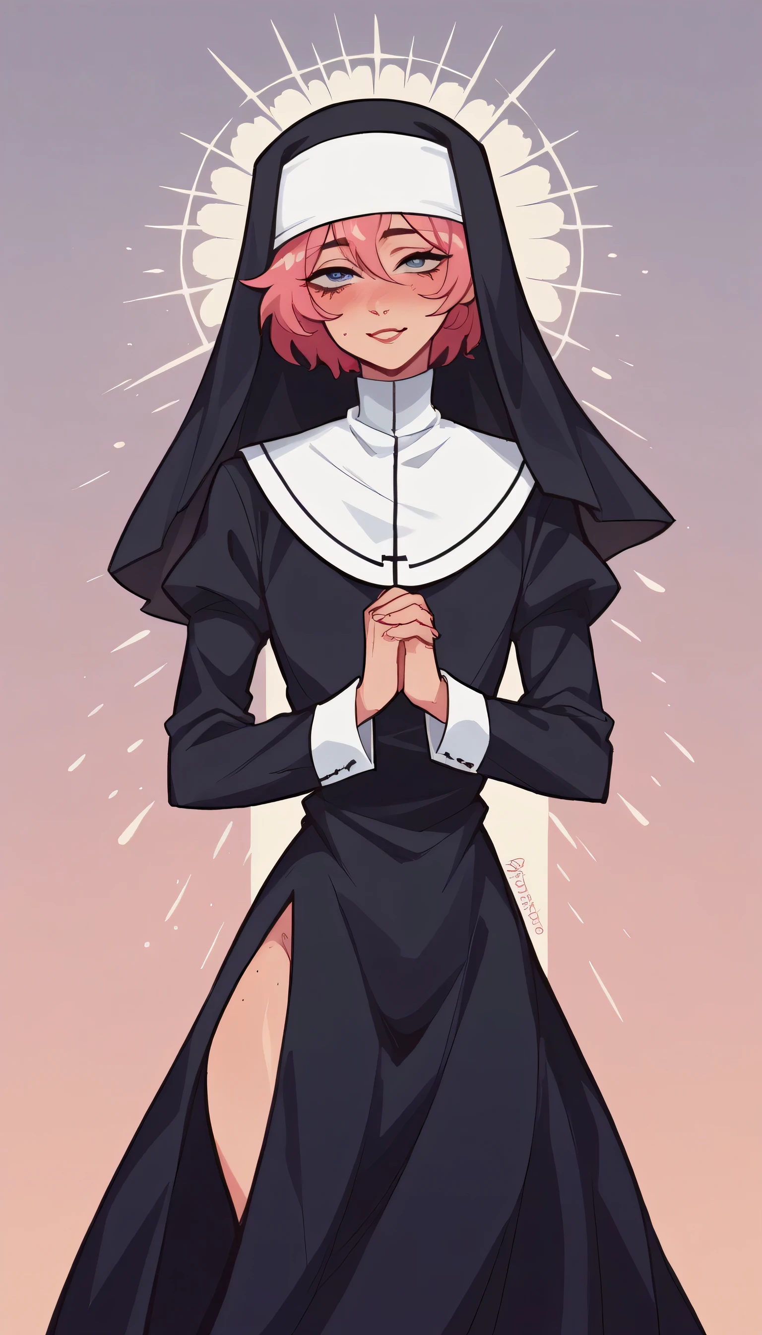 better quality, very detailed illustration girl, long ruffled voluminous bouncy hair , playful look, delgado, ideal body, thin waist , wide hips, simple drawing, Artifyber style , pastel flat colors , nun outfit, sexy, close up, femboy