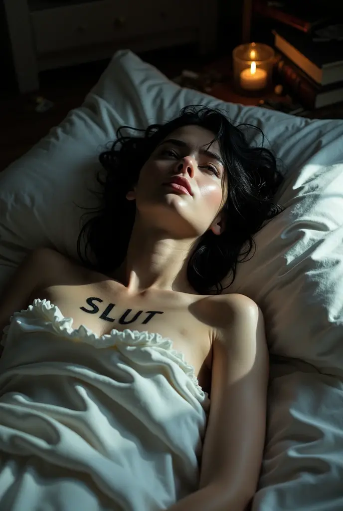 A young French woman laying in bed looking upsetwith the word (SLUT) tattooed on her chest . Black messy hair.
