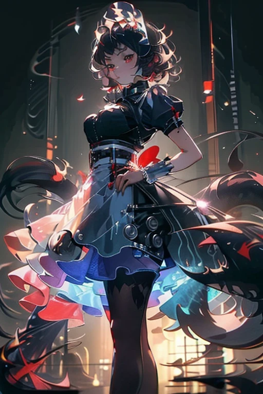 Masterpiece,absurd resolution,high quality,8k, TranslucentVisibility, (family friendly:1.1),1girl,solo,short hair,breasts,looking at viewer,hair ornament,thighhighs,medium breasts,heterochromia,multicolored hair,black thighhighs,hair flower,mole,mask,glowing,robot,glowing eyes,science fiction,android,joints,skeleton,robot joints,bone,gas mask,mechanical parts,spine <lora:translucent_Xl:0.8>