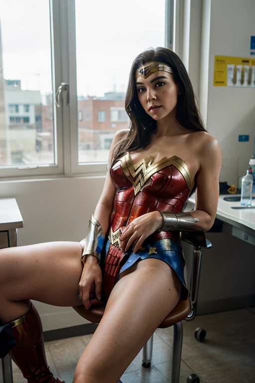 Wonder Woman, sitting in a library in ancient Egypt, is at night. She has her legs spread a little and you can see that she is wearing tight, transparent white panties.
