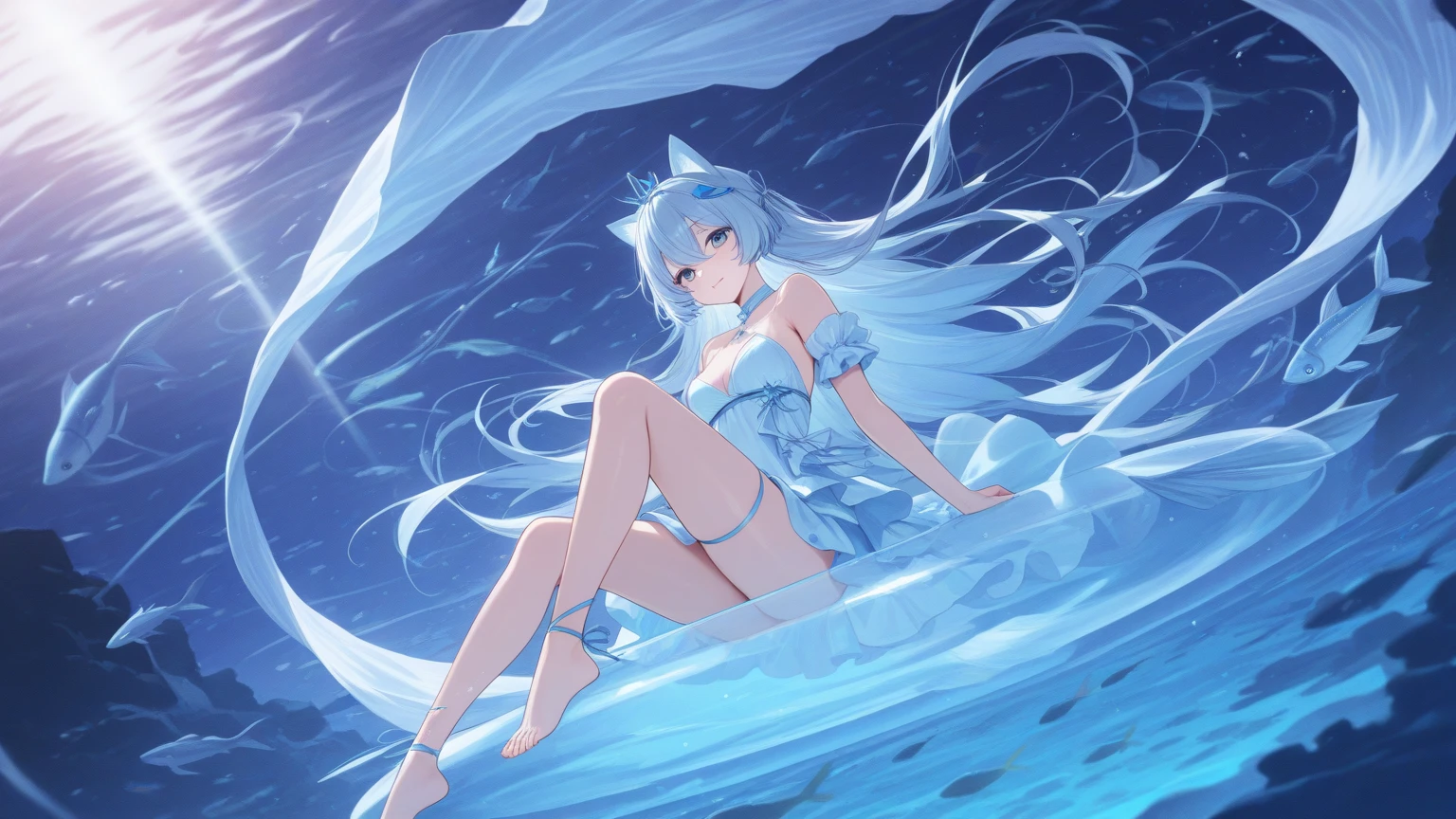A cat girl with long white hair and ocean blue eyes with star shaped highlight wearing a white dress