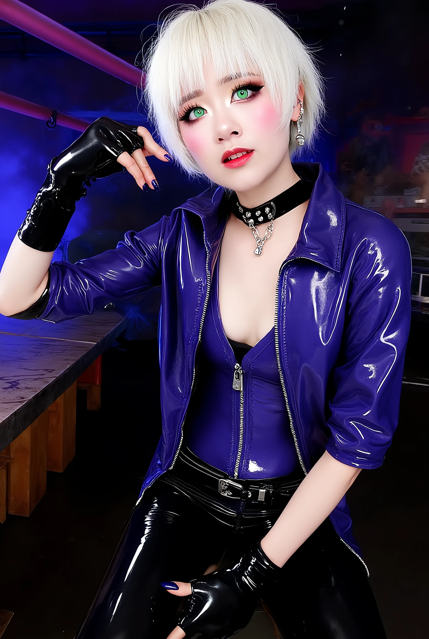 woman, goth, light white hair, short hair with choppy ends, green eyes, pale white skin, black painted lips, heavy eye makeup, black leather pants, short leather jacket with silver spikes, black leather choker with spikes, biker gloves with fingers showing, earrings in the ear, low-cut black leather vest, large breasts, sitting inside a bar