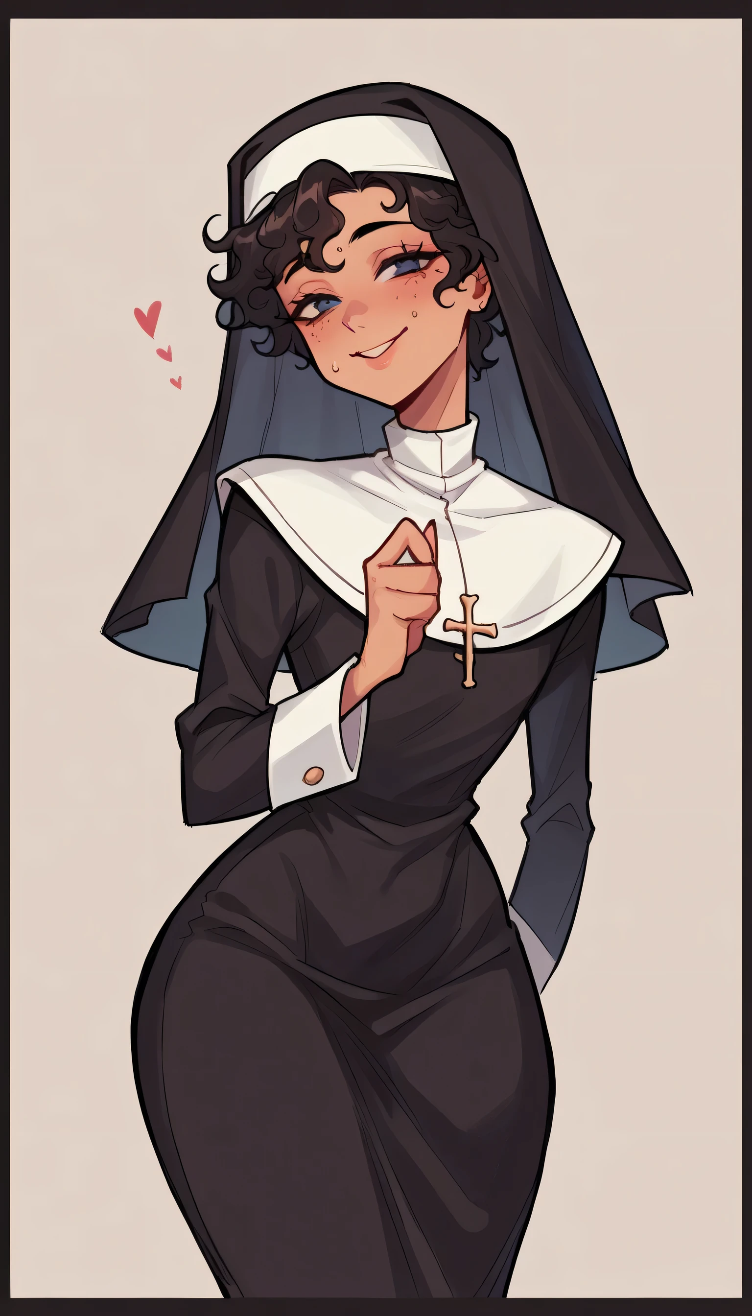 better quality, very detailed illustration short ruffled voluminous bouncy hair , curly hair, playful look, delgado, ideal body, thin waist , wide hips, simple drawing, Artifyber style , pastel flat colors , nun outfit, sexy, close up, femboy