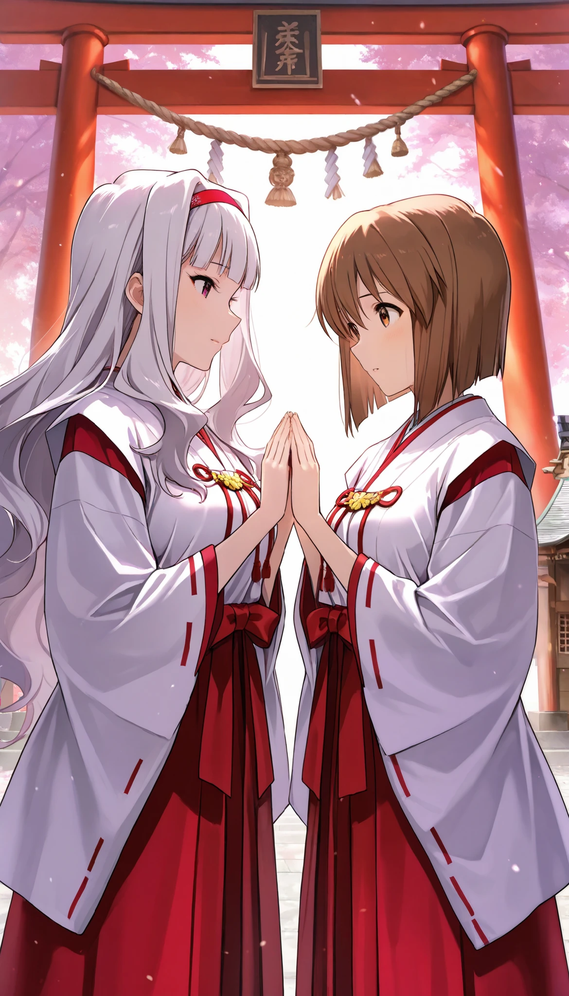 score_9 , score_8_up , score_7_up , source_anime ,2 girls, Shijou Takane, white hair, long hair, BREAK, purple eyes, Simple headband, Hagiwara Yukiho, brown hair, short hair, brown eyes, shrine maiden clothes, Stand facing each other and clasp hands, In front of the torii gate, The other side of the torii gate is filled with sacred light