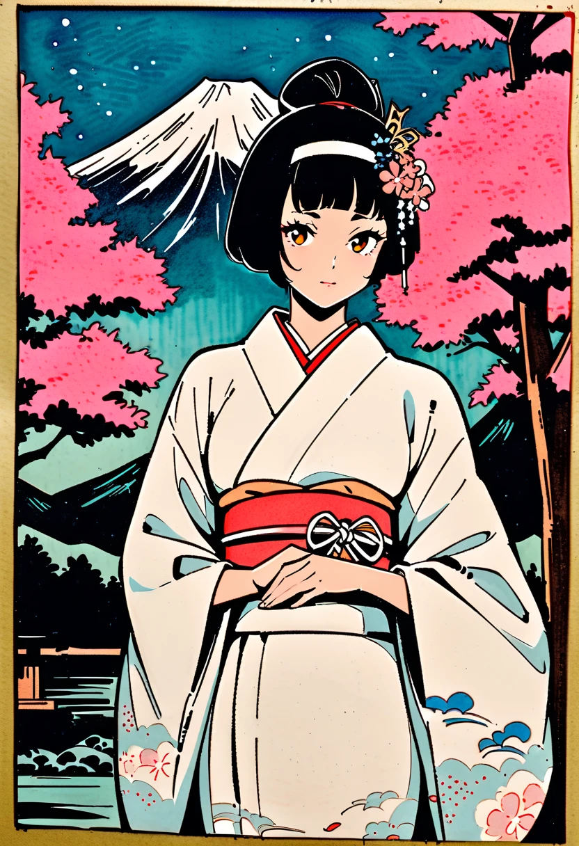 score_9, score_8_up, score_7_up, 1girl, solo, looking at viewer, short hair, black eyes, beautiful detailed eyes,black hair, long sleeves, sitting, closed mouth, small breasts, nipples, outdoors, open japanese clothes, wide sleeves, open kimono, water, sash, obi, floral print, snow, snowing, white kimono, print kimono, break,(clear line illustration:1.2), super detailed skin,very high resolution, very aesthetic, Best sexual lighting powered by famous artist, 8k,cute picture,beauty illustration,photoshop_(medium),,(Detailed Lighting),uncensored,