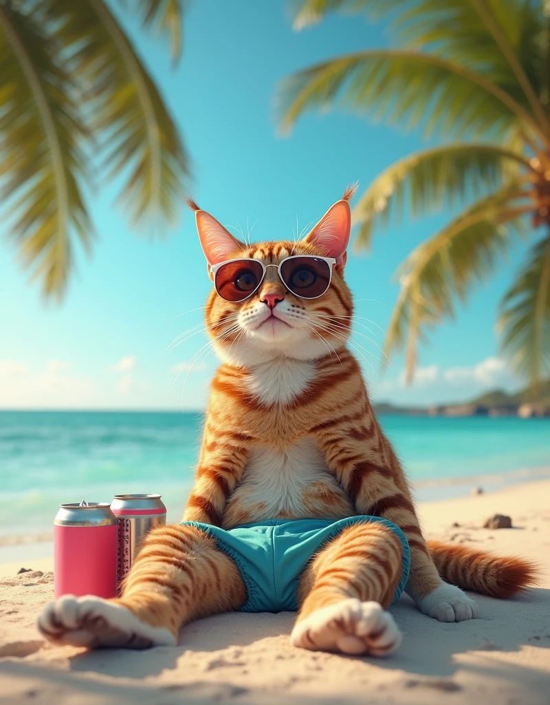 Orange cat wearing sunglasses lying on the beach with a drink, gato laranja, it's is relaxing on a beach, the cat is orange, vacation photo, summer time, um gato laranja, Banhos de sol na praia, em uma praia ensolarada, Relaxando na praia, wearing orange sunglasses, lemon wearing sunglasses, with sunglasses, summer vibes, tempo muito ensolarado