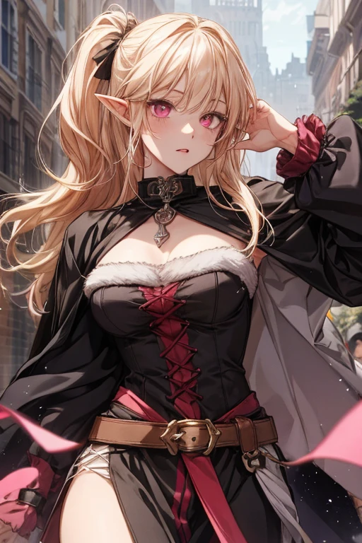 top-quality、Top image quality、masterpiece、An elf girl((18year old、Best Bust、big bast,Beautiful blue eyes、Breasts wide open, Blonde twintails、a little muscular、Large valleys、Reflecting the whole body、red scarf、Clothes in black robes、Physical education sitting))hiquality、Beautiful Art、Background with((Inside the Night Tent、)))、,masutepiece、visualart、depth of fields、