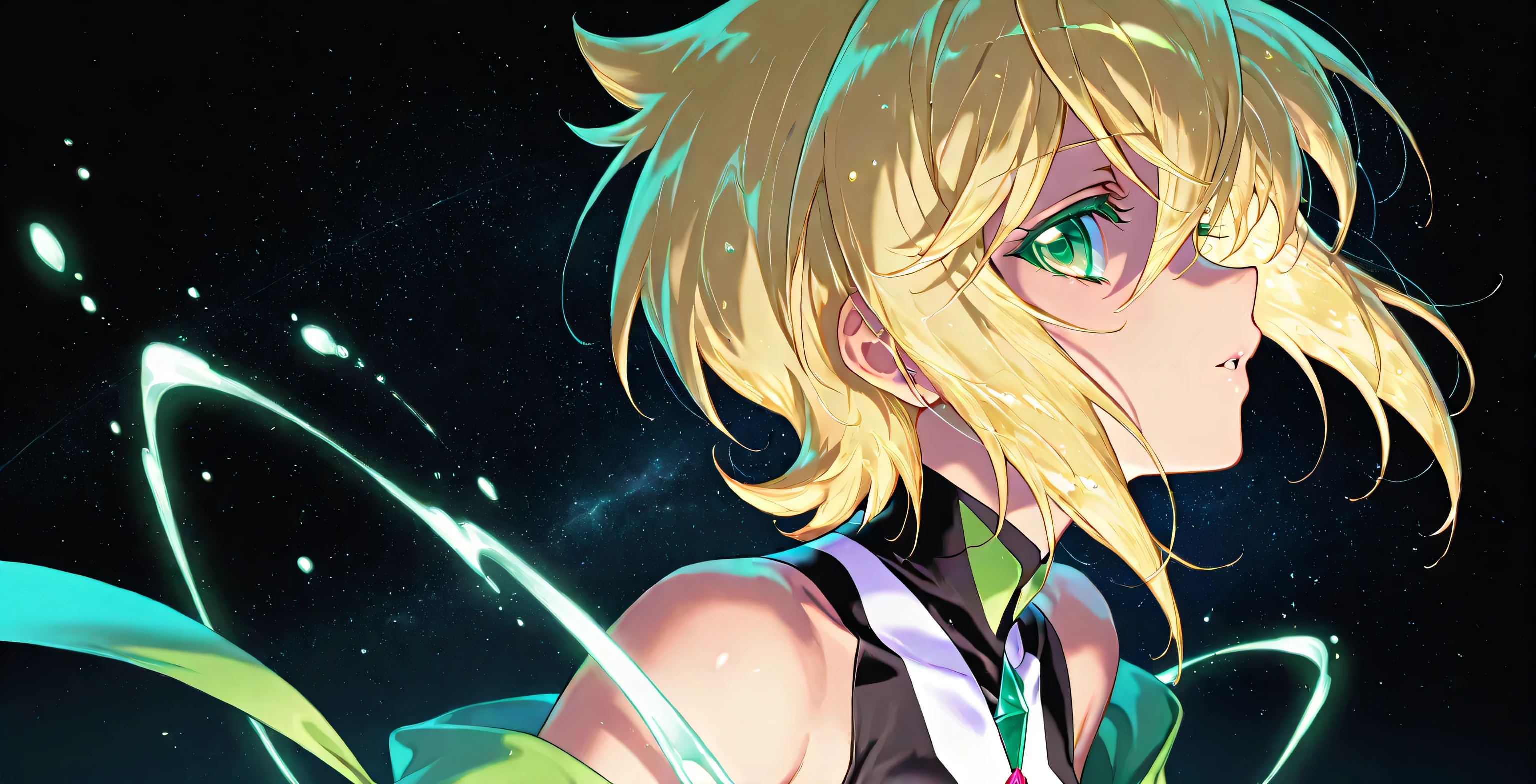 (( 1 girl)),  symphogia,  (shining eyes:1.2),  (hollow eyes:０.1), Akatsuki Kirika  , Song of the Dawn 、Black background,colorful,  vibrant, Shining Contours ,neon,green、Official Art、Loose clothing,viewer, masterpiece, very beautiful、Kudelewulf、profile、starry sky、Light powder、neonヘア、wallpaper for pc