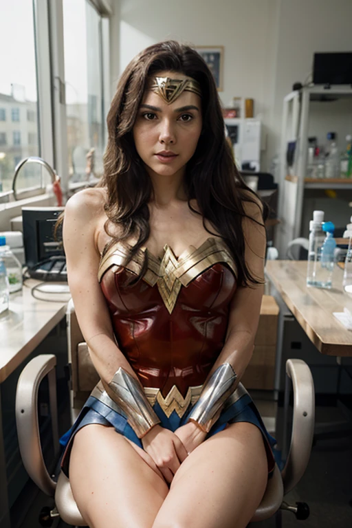 Wonder Woman, sitting in a chair, upskirt, she is in a laboratory, it is daytime, she is naked