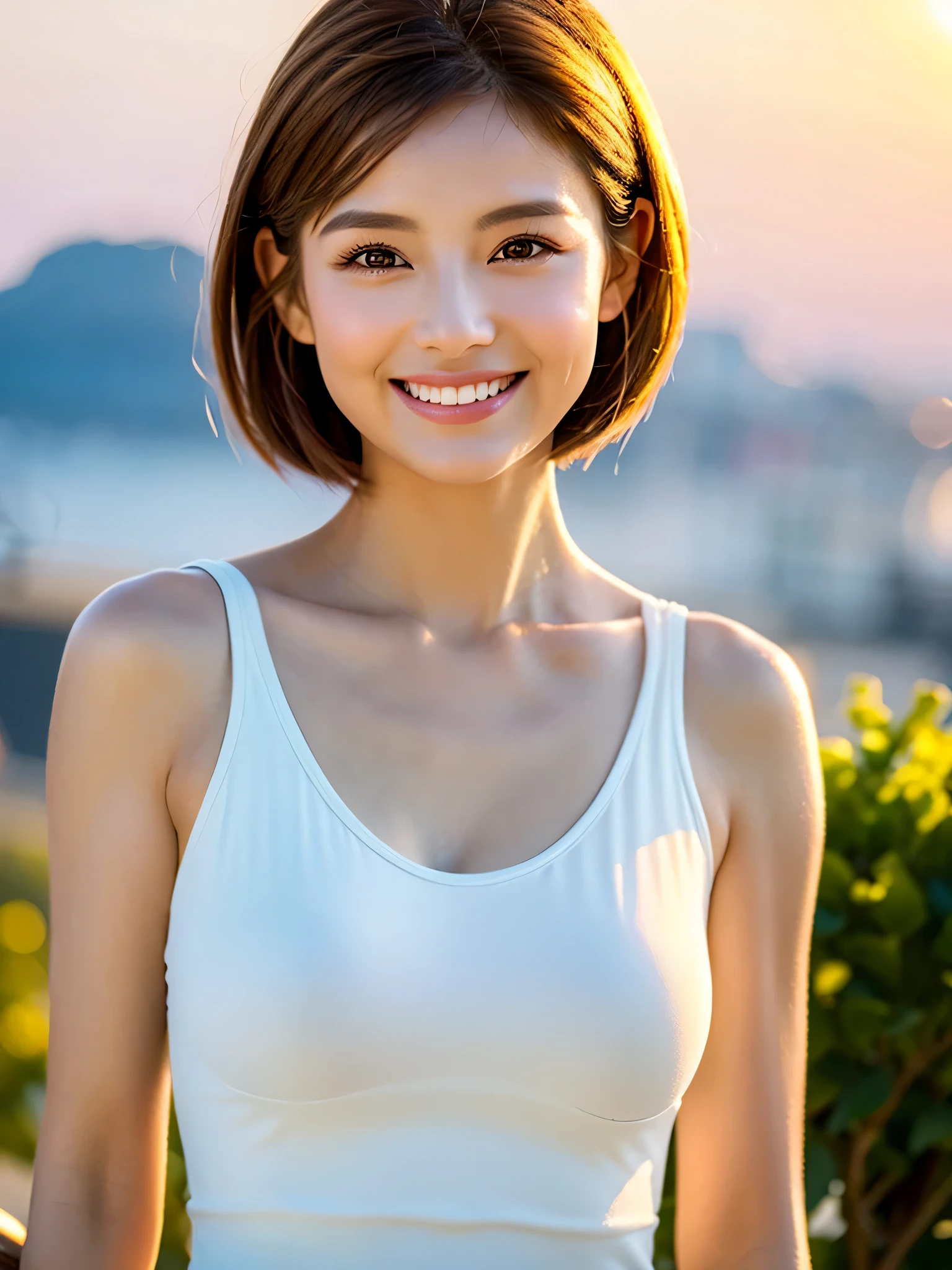 Non-NSFW、Realistic、Highest quality、Highest quality、masterpiece、Ultra-high resolution、RAW Photos、Realistic、Bright lighting、Face Light、Smooth Professional Lighting、Looking into the camera, (One hand on Lips:1.2),、alone、Adult female、Beautiful woman、Super Beauty、Realistic肌、Moisturized Skin、Realistic eyes and faces、Perfect model body shape、Beautiful Eyes、Big eyes、Inconspicuous tear bags、slim、No bra、Beautiful fingers、Very short hair、Brown Hair、Iris、Looks happy, (smile with One hand covering mouth:1.3) (looking down shy), (Strapless Cropped tube top:1.2), (Shorts:1.5),In the city, Small Ass, (Large Breasts:1.1),(Venus' Nipples:1.2), A konigsreuter、Sexy Random Poses,(standing:1.1),(from behind:1.6)