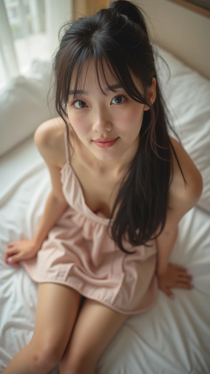((Highest quality)), ((masterpiece)), (detailed), natural Light , (Japanese), , Black Hair, Girl, ,small Breasts, White Nightgown, (blue eyes),half-smile ,crawling position ,Lower ponytail ,On the bed,