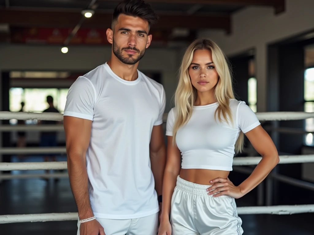 Pareja de hombre y mujer fitness modelos atractivos, piel blanca, la mujer es rubia pelo largo, posando uno al par del otro con ropa de entrenar color negra, ponle una calsoneta negra al hombre
