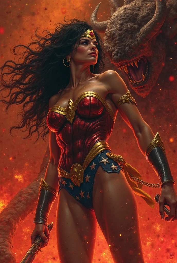 Wonder Woman defeats the dragon,Octopus tentacles,The dragon head bites Wonder Woman's leg,Wonder Woman holding a sword,dragon eyes,a girl, Gal Gadot plays Wonder Woman, sexy body, nipple,Areola,Camel toes are clear,Beautiful face,A charming smile,Lively expressions,,seduce。huge breasts, Huge ass, plump body, sexy bra, sexy thong, Background horror、Magic high quality paintings