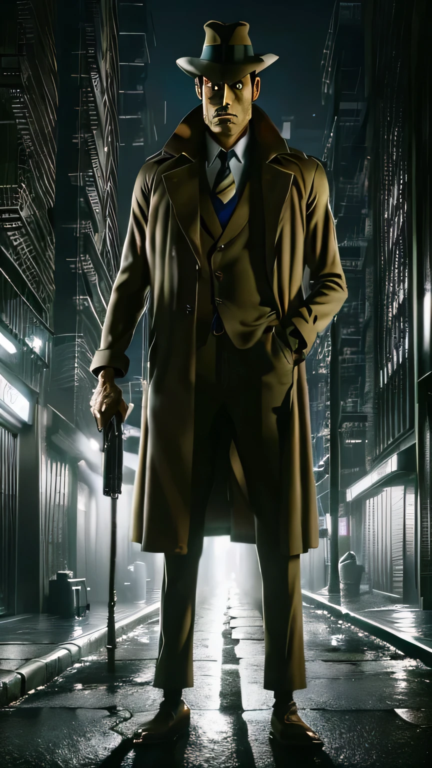 (1 person, zenigata ), (Highly Detailed CG Unit 8K Wallpaper),(master part), (Best Quality), (Ultra Detailed), (best illustrations),(Ghibli Style), cowboy shooting, (sharp eyeliner, shadow, detailed eyes:1), Dark City, outdoor, ,break , (Mad Sin City ), upper body, 1940 , Noir, night , trench coat