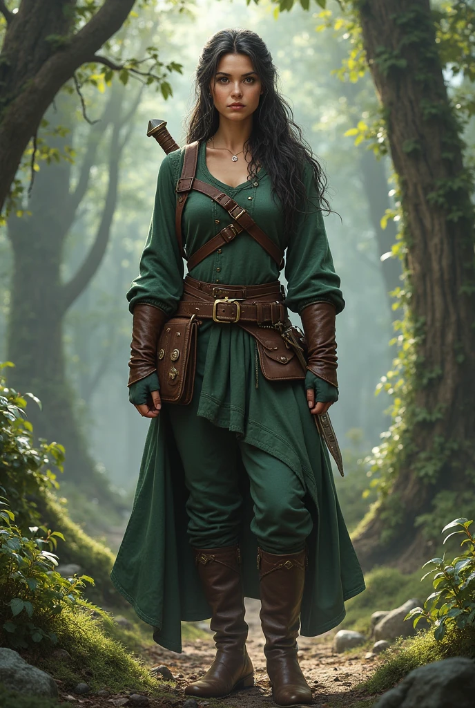 beautiful real woman 20 years old a perfect and young face, detailed fine and perfect Apache and English descent with black hair and (green eyes) Light cinnamon skin and an innocent and pure face, ( let his face be seen) body with perfect, well-defined curves and large breasts( that her breasts are visible ) Dressed in the style of Robin Hood, she wears a dark green velvet tunic with gold embroidery., pants of the same tone ( that nothing of his skin can be seen) and a brown leather belt. About the tunic, A light green cape falls to the ankles, combined with brown leather high boots. On his shoulder, He carries a wooden bow and arrows reflecting a fearless and adventurous elegance.. ( No necklaces or earrings adornments) She is standing in the forest as she is from the Victorian era.