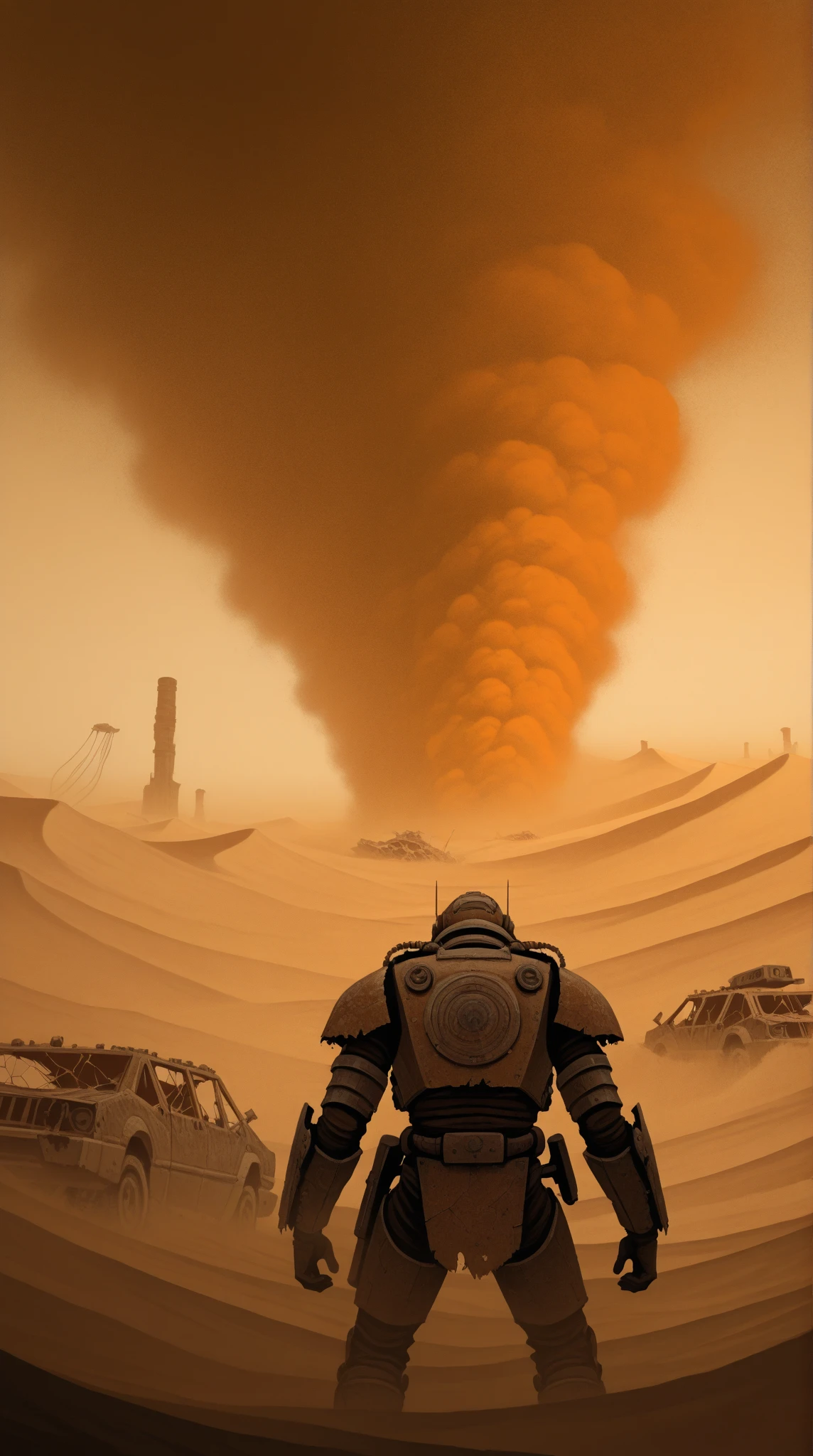 abandoned crashed spaceship, post-apocalyptic desert, rusted bronze armor, sandstorm erosion, shattered windshield, scavenger drones, acid-rain clouds, dystopian vibe, Mad Max aesthetics, Blade Runner 2049 style, gritty textures, orange-and-teal color grading