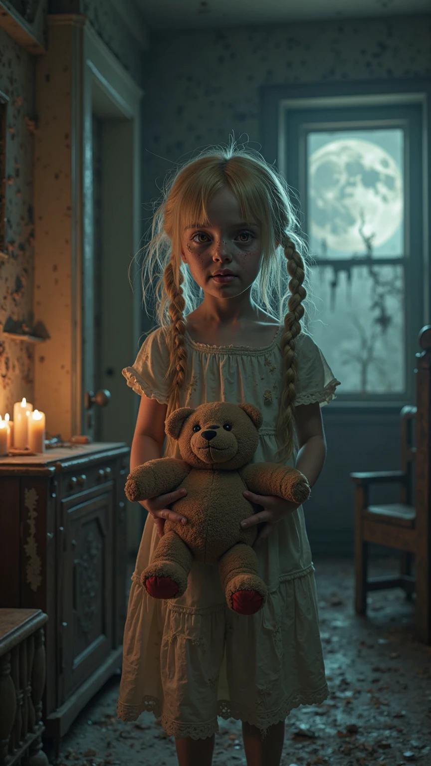 Jewish girl, white dress, hair with ribbons, rag doll with a single button eye in her hand, interior of an old funeral home, Krakow, year 1943, horror image,ultra HD, hyperrealism, 16k, cinematographic