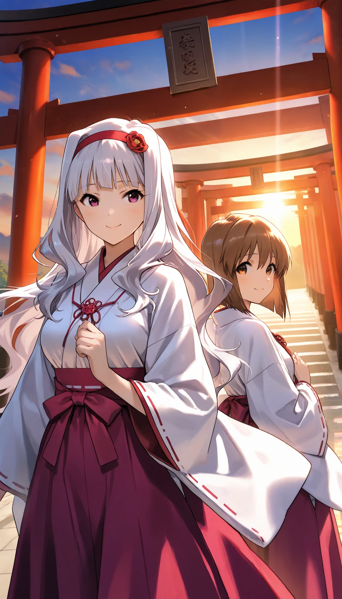 score_9 , score_8_up , score_7_up , source_anime ,2 girls, Shijou Takane, white hair, long hair, BREAK, purple eyes, Simple headband, gentle smile, Hagiwara Yukiho, brown hair, short hair, brown eyes, Smile shyly, shrine maiden clothes, In front of the torii gate, sunrise, best lighting