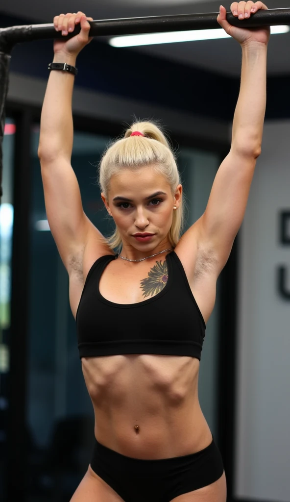 a very beautiful and sweaty 25 year old blonde naked girl, thick hairy armpits, muscular abs, pink nipples, raising her arms high while being carried and kissed by two young men