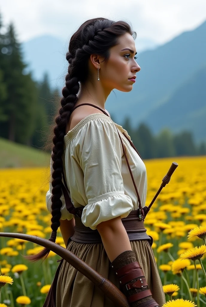 A woman facing right on a field of dandelions. European facial features with eerie blue eyes, sharp elongated nose and strong jaw. Bow in hand. Ancient hungarian warrior attire with trousers. Long dark hair in a braid. Serious facial expression. Trees and mountains in the background.
