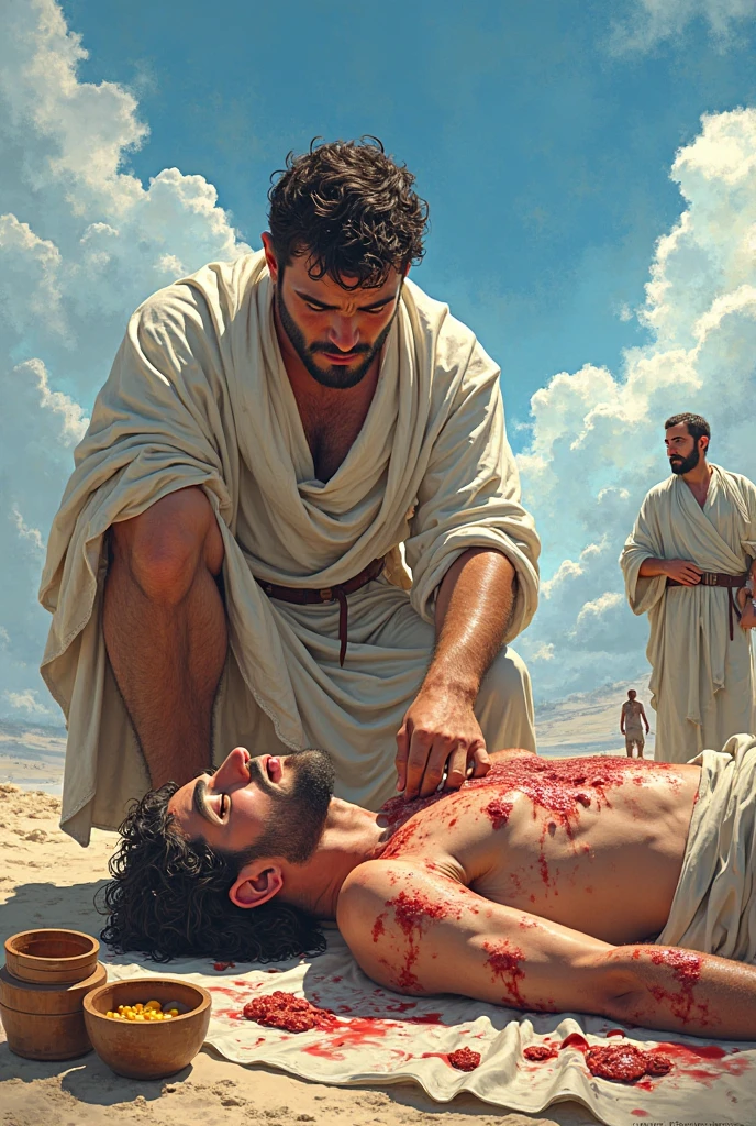 "Create a digital artwork inspired by the scene of Abraham about to sacrifice his son Isaac. In this image, Isaac, a young man with a muscular build, lies on a wooden altar covered with sticks, his body partially covered with a cloth. His expression is calm and resigned, as he rests with his eyes closed. Abraham, an elderly man with a long beard and wearing a robe, stands above Isaac with a knife in hand, his face showing deep sorrow and determination. The background features a dramatic sky with hues of purple and orange, reflecting a sunset. The scene should capture the emotional gravity of the moment, emphasizing the detailed textures of the figures' clothing, the wood, and the subtle play of light and shadow in a digital art style."