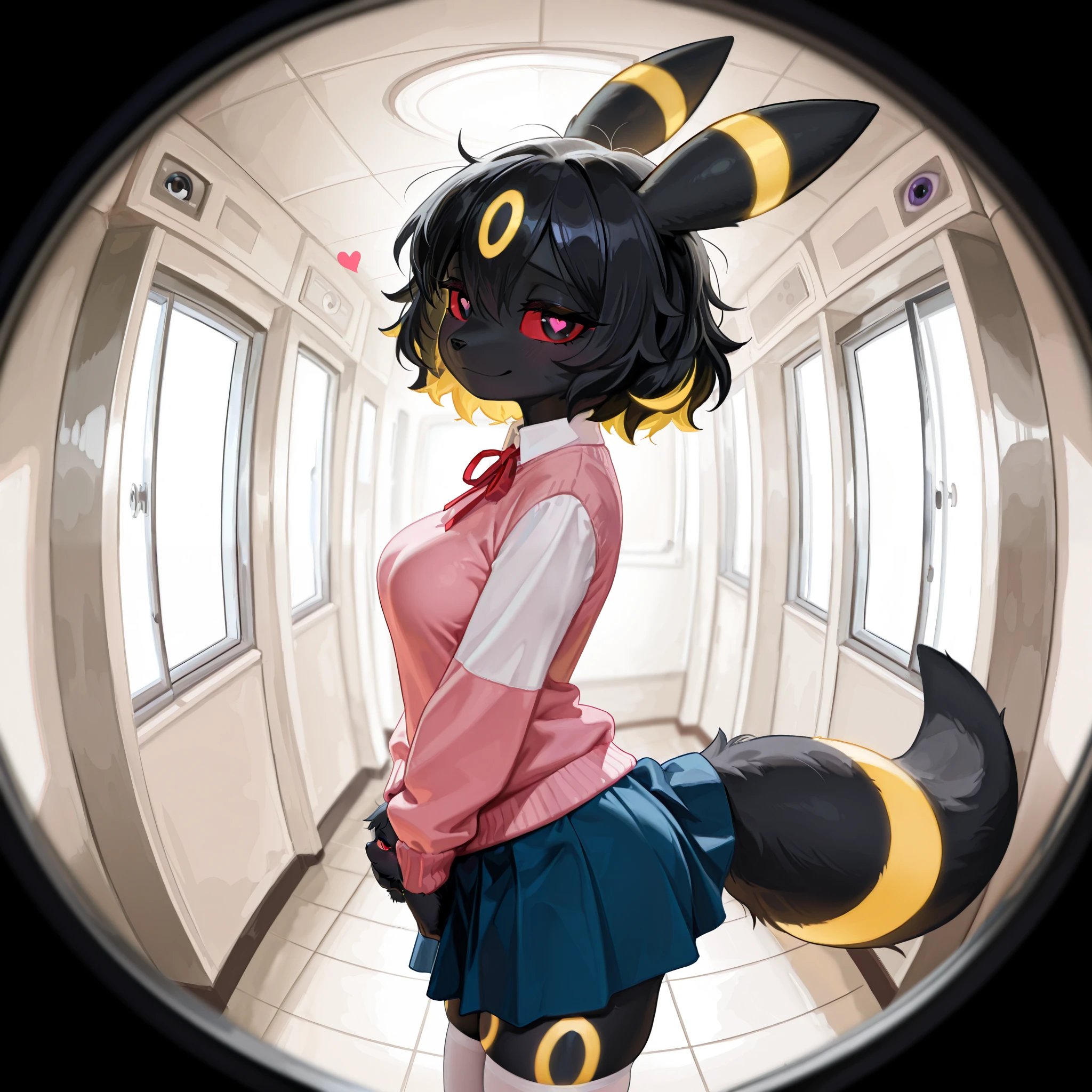 masterpiece, best quality, amazing quality, very aesthetic, high resolution, ultra-detailed, absurdres, newest, scenery, no lineart, cinematic, dynamic angle, solo, ambient lighting, Very shy expression, 1girl, anthro, furry, fur, fluffy fur, umbreon girl, black hair (yellow highlights), short hair, messy hair, 19-year-old girl, black eyes, red sclera, hips, medium breasts, thighs, (apartment hallway), (pink sweater, red ribbon o meck, white shirt, blue skirt, white stockings), half-closed eyes, detailed, smile, monitoring, (psychedelic):1.2, heart-shaped pupils, colors, fisheye, pov peephole, eyeball, from side, looking at viewer